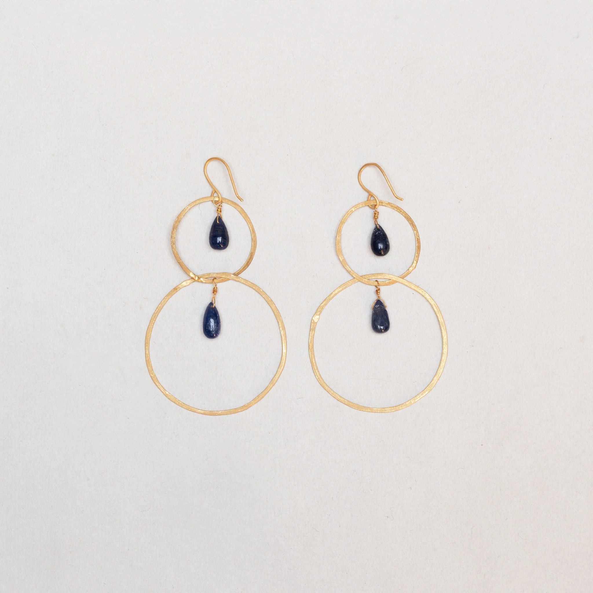 14ct Gold Double Hoop Drop Earrings with Lapis Lazuli - Image 2