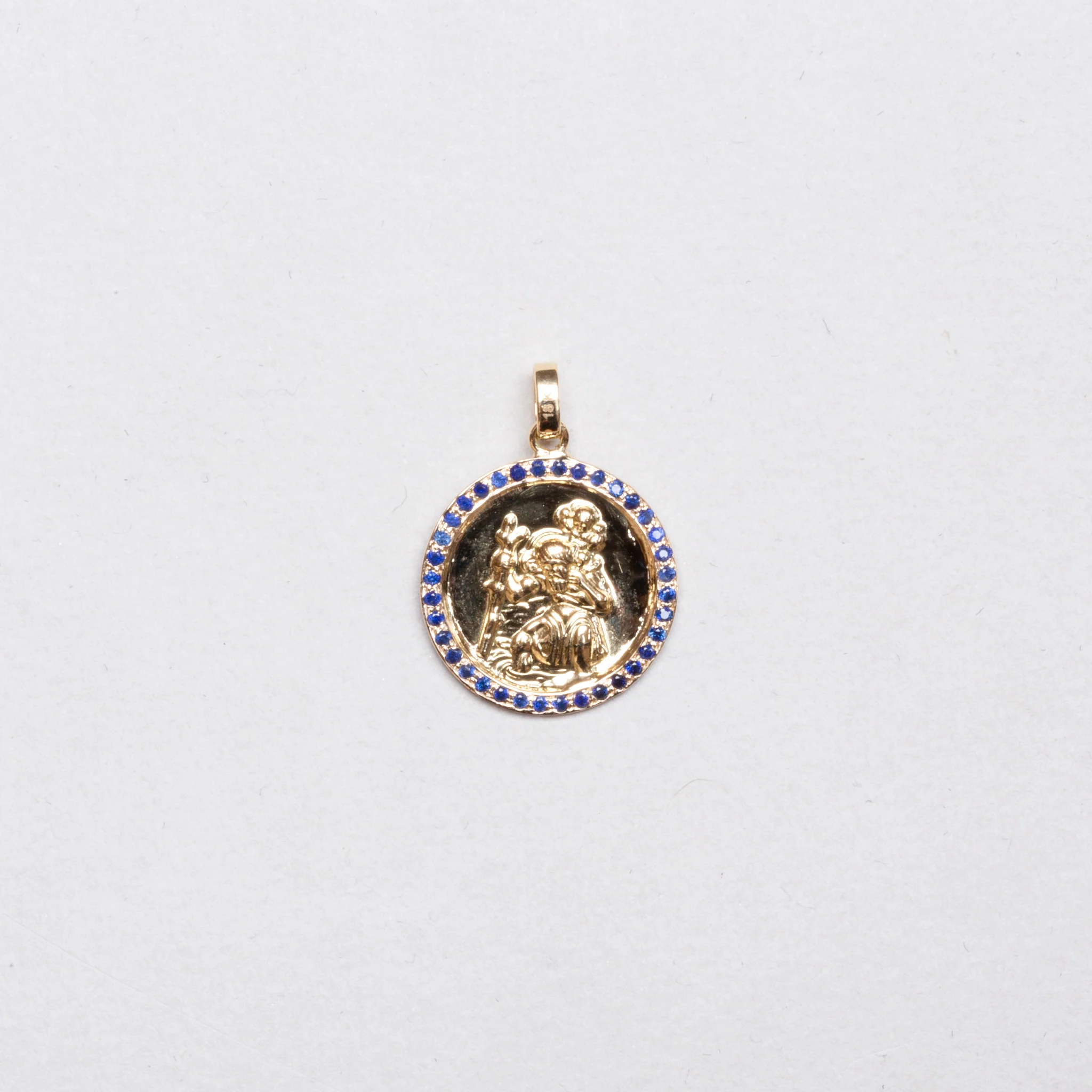 18ct Gold St. Christopher Pendant Charm with Blue Sapphire