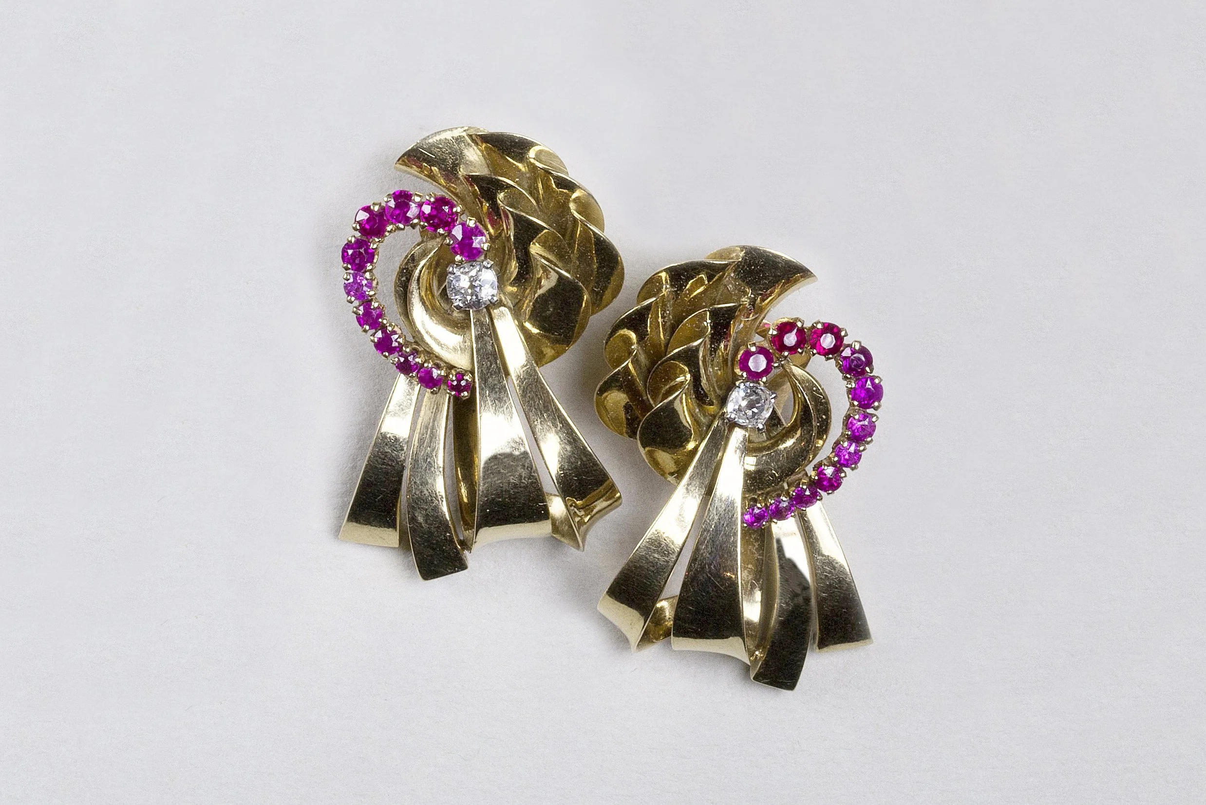 Vintage Gold Ribbon, Ruby and Diamond Earrings - Image 2