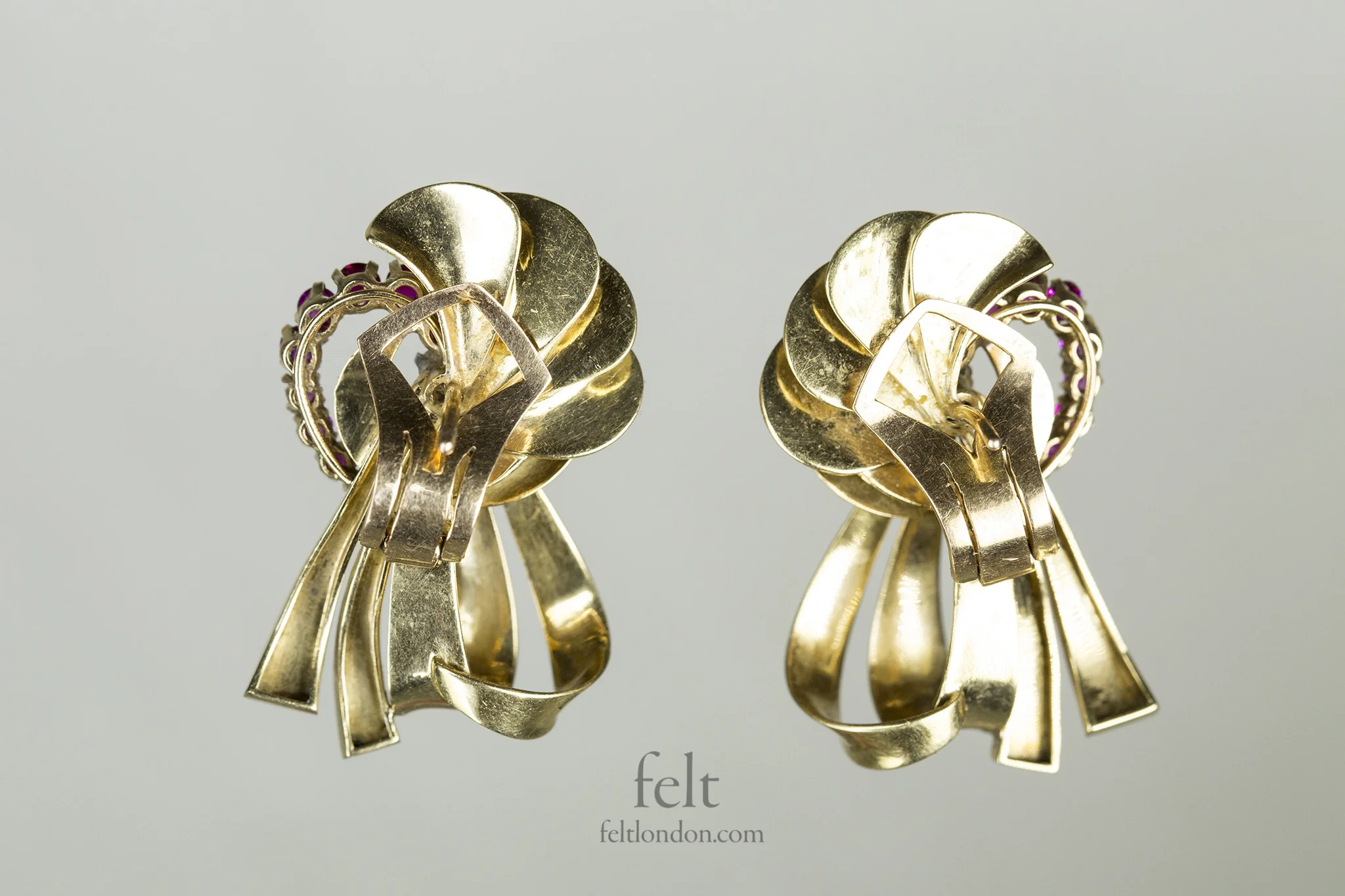 Vintage Gold Ribbon, Ruby and Diamond Earrings - Image 3