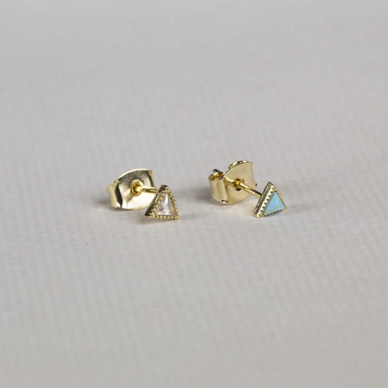 Blue and Clear Triangle Stud Earrings - Image 2