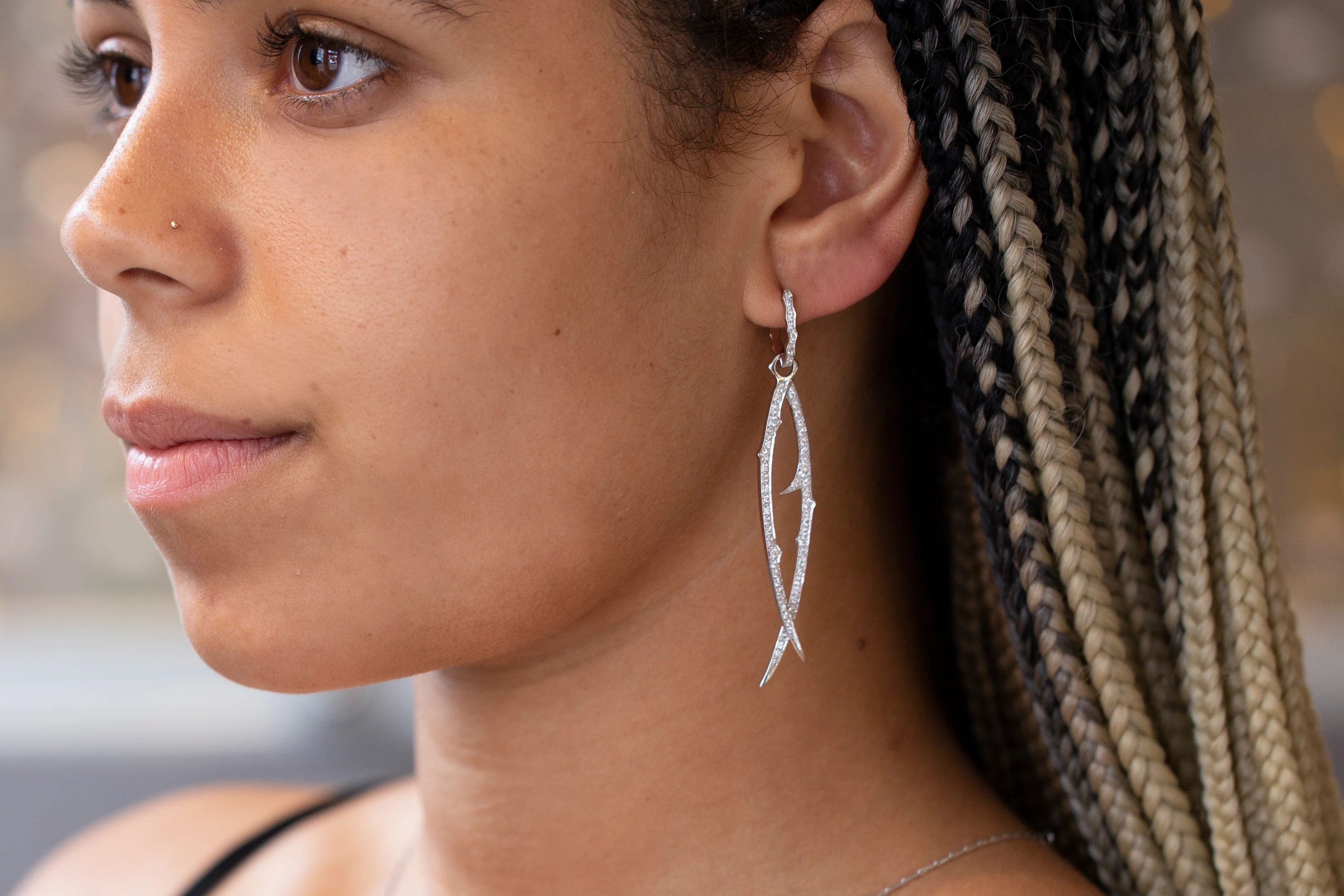 Diamond Thorn Drop Hoop Earrings - Image 2