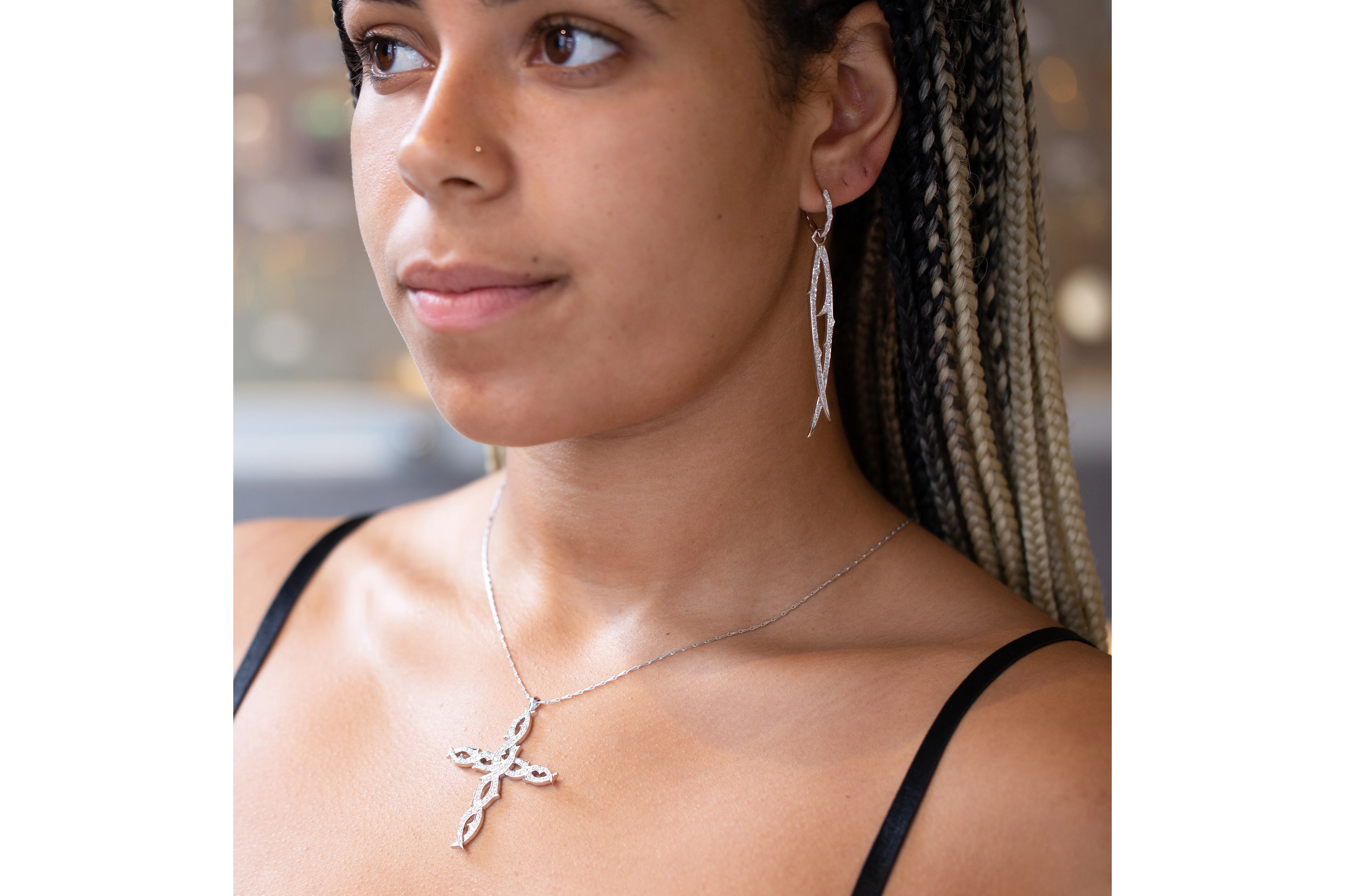 Diamond Thorn Drop Hoop Earrings - Image 5