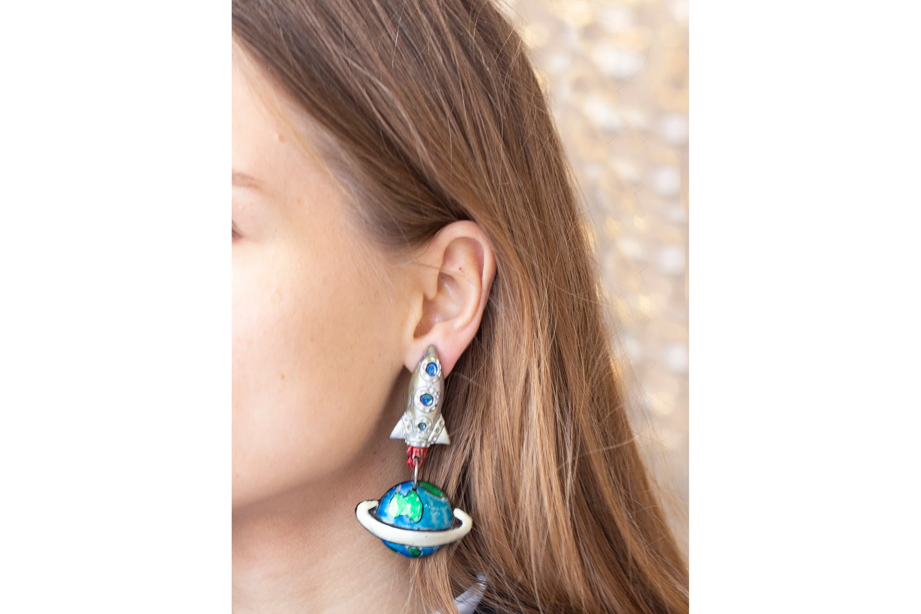 Earth and Rocket Clip-on Earrings - Image 3