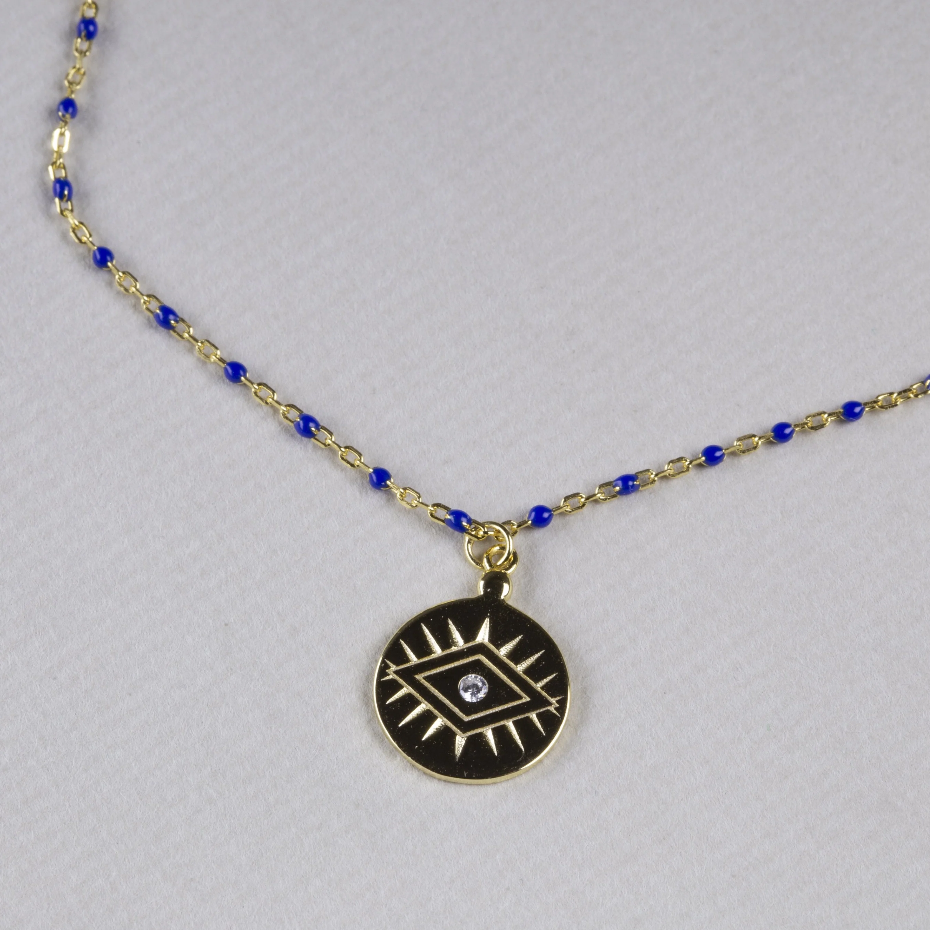 Coin Pendant Necklace with Gold Chain and Blue Beads - Image 2