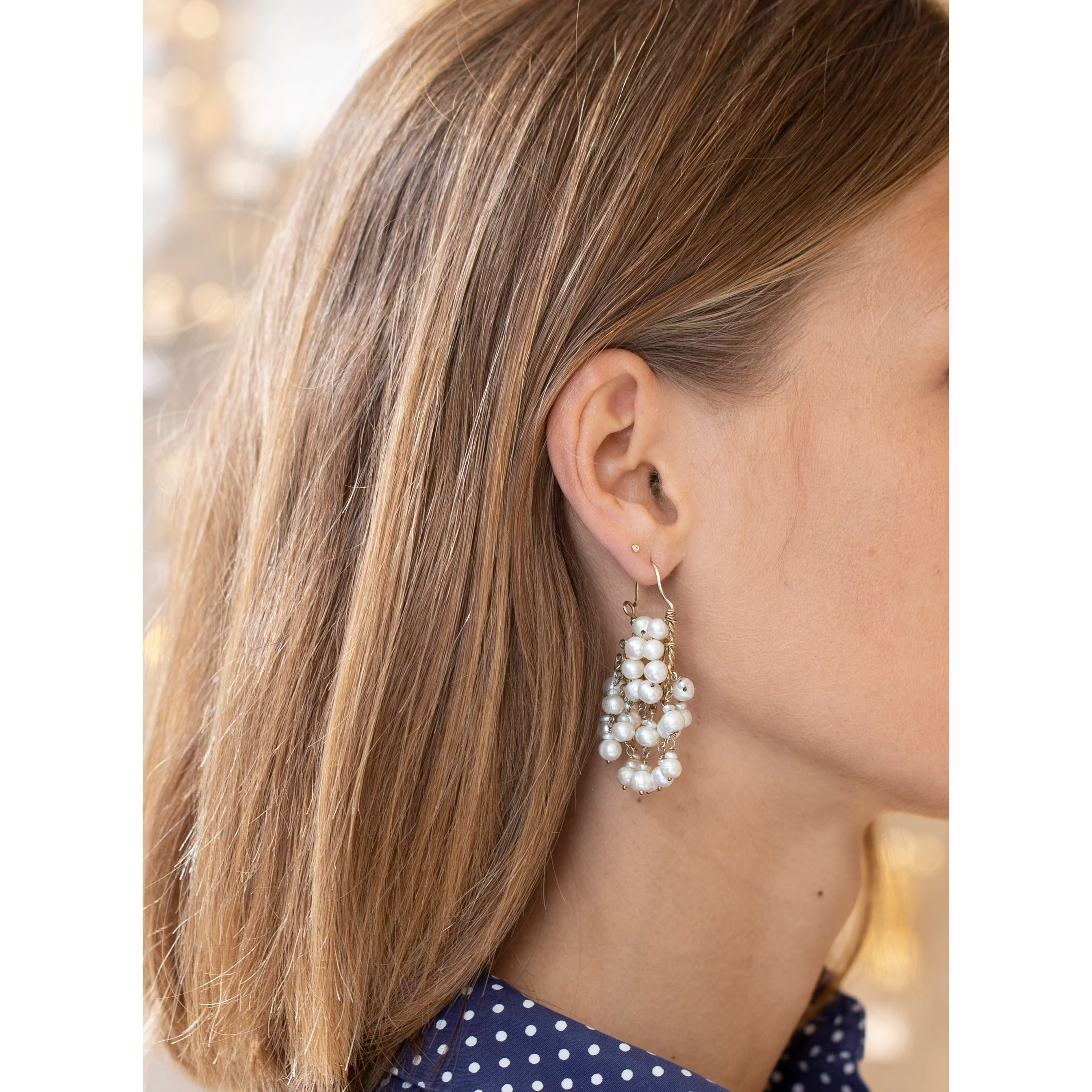 Gold Plated Wire Earrings with Pearls - Image 2