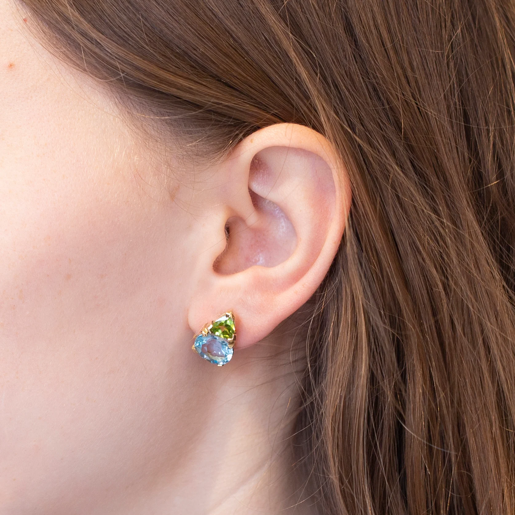 Gold Stud Earrings with Aqua and Peridot - Image 2