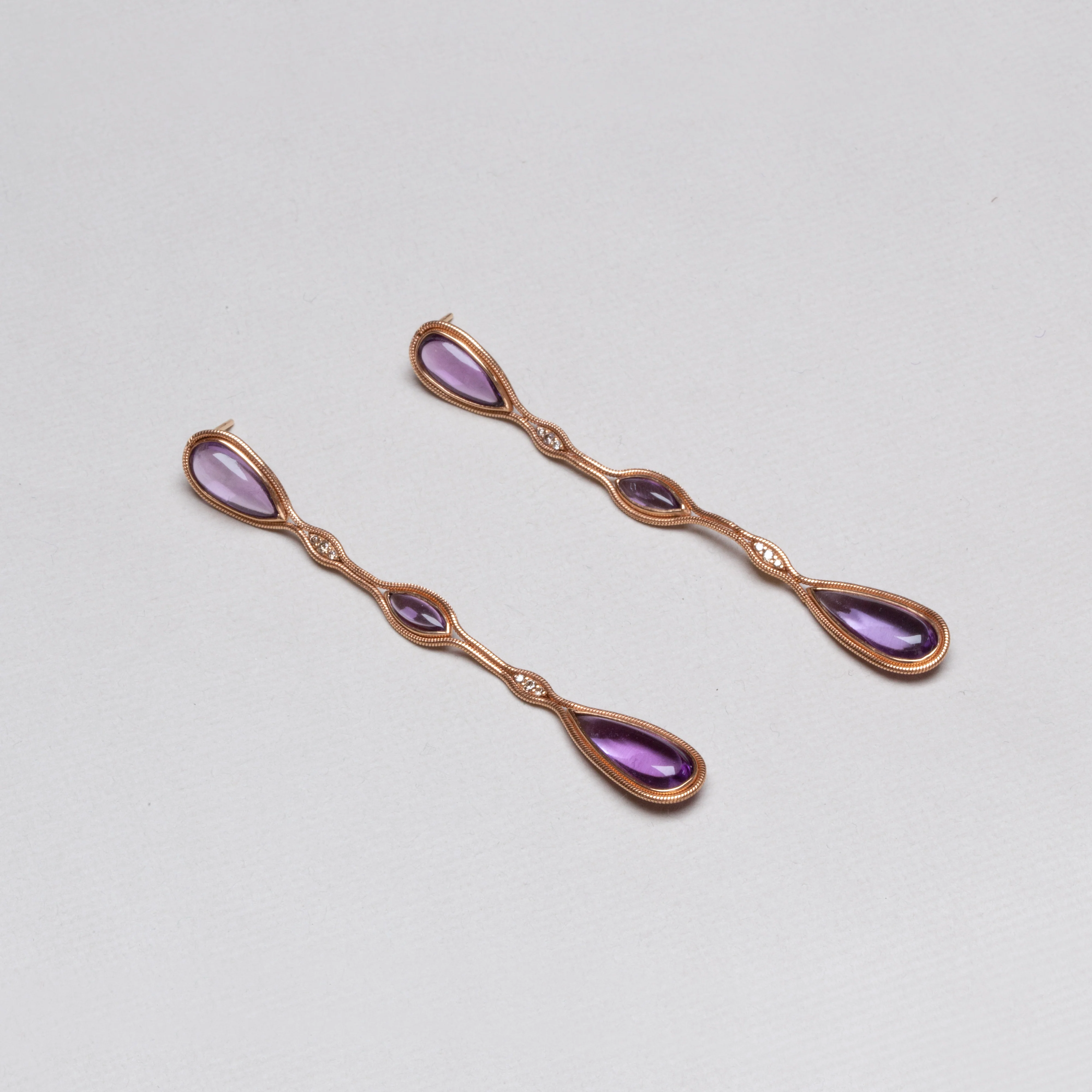 Rose Gold Long Drop Earrings with Amethyst & Brown Diamonds - Image 2