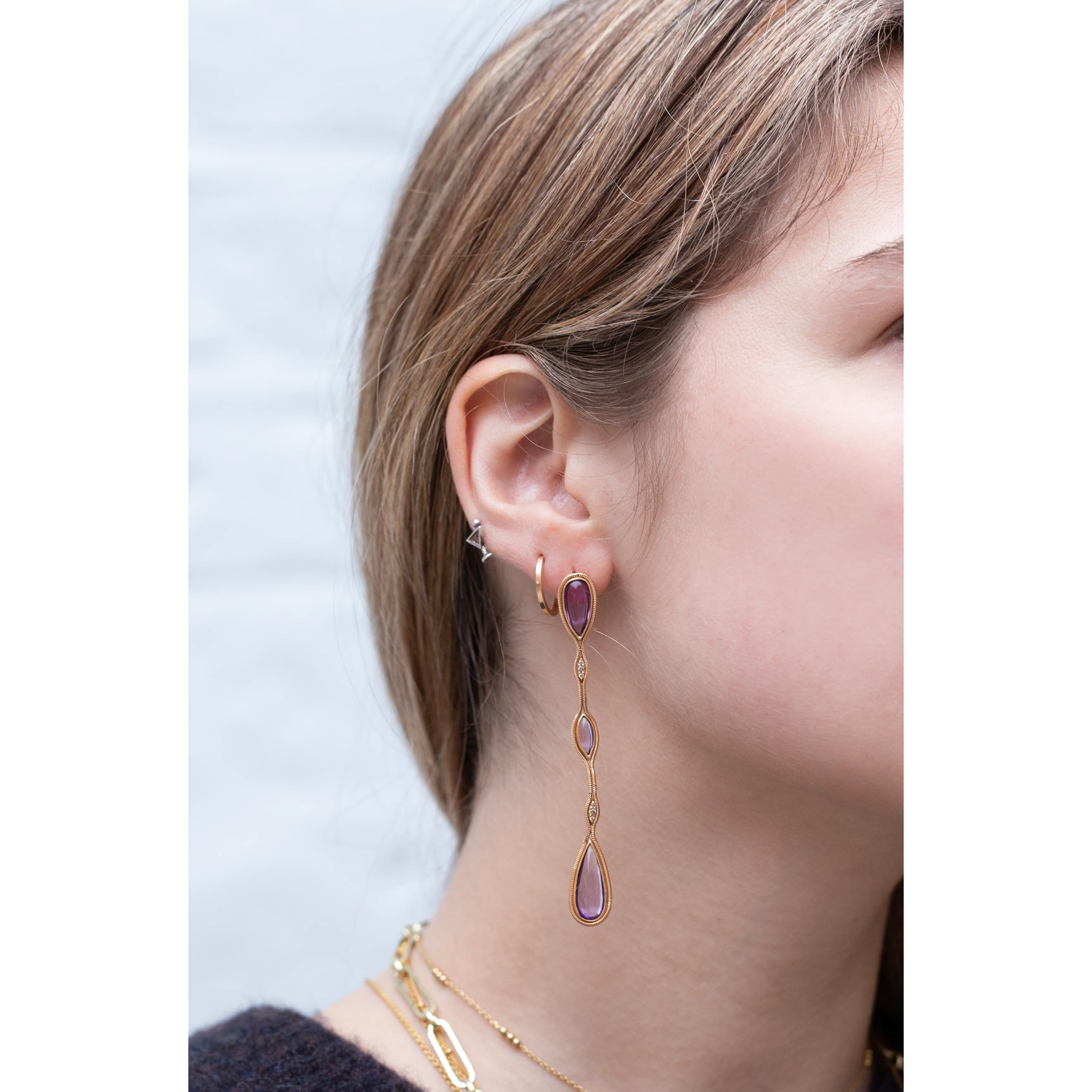 Rose Gold Long Drop Earrings with Amethyst & Brown Diamonds - Image 3