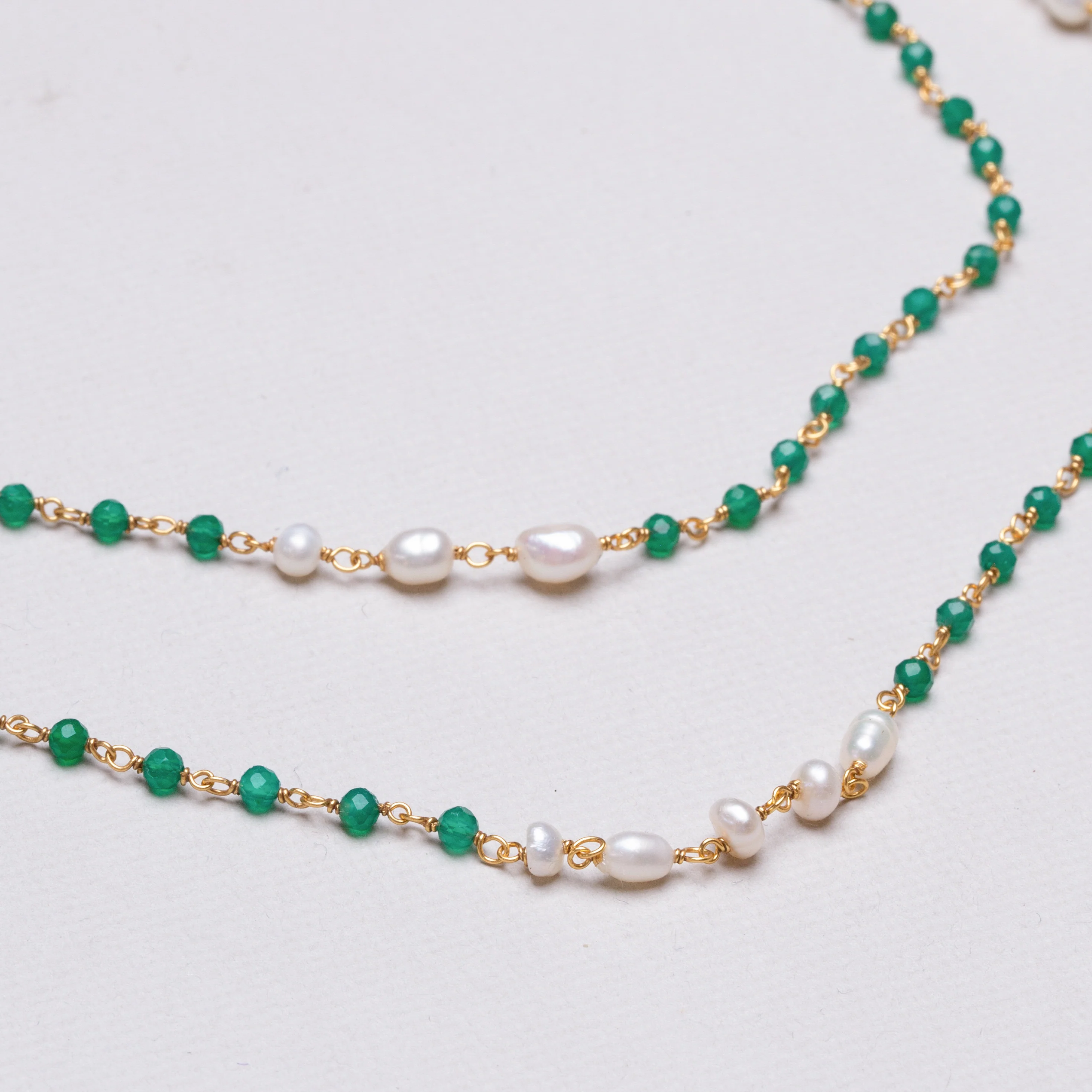 Extra Long Gold Chain Necklace with Pearl and Green Onyx - Image 2