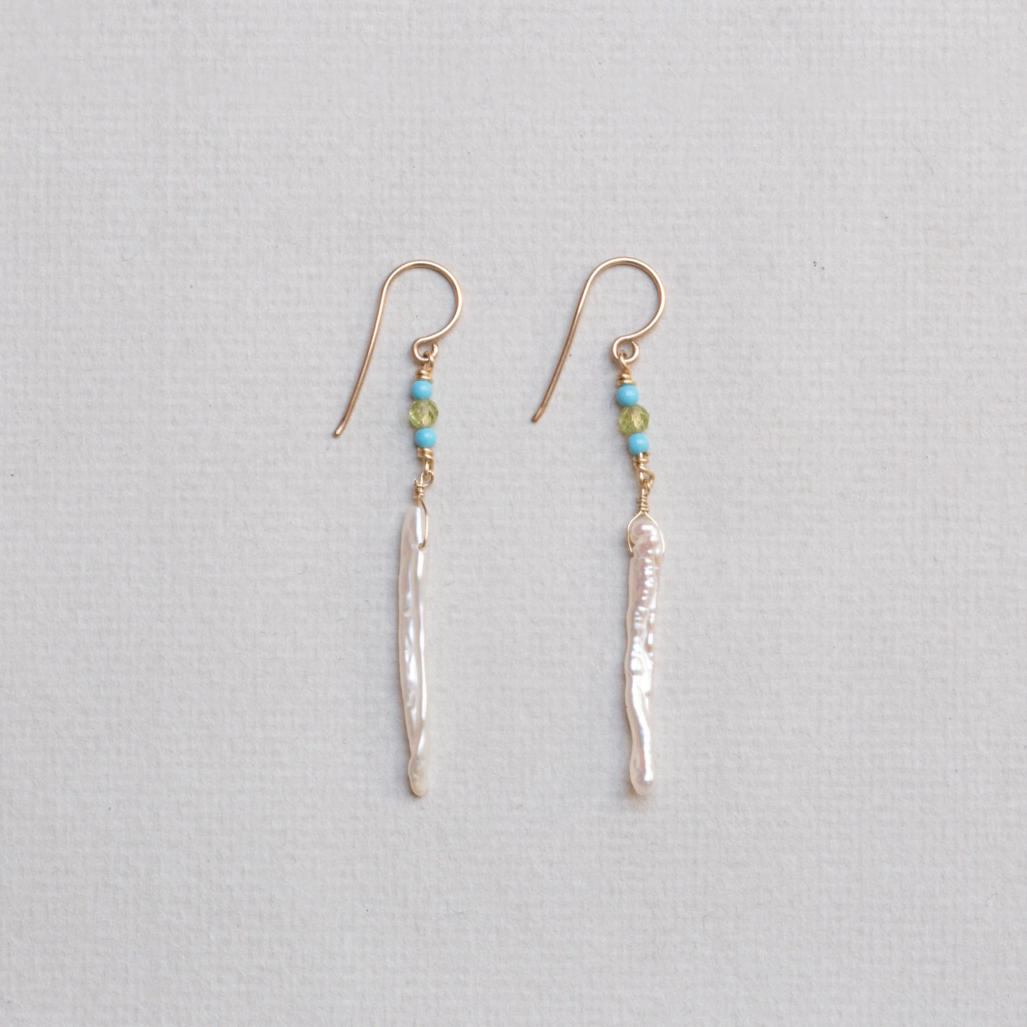 Peridot, Turquoise & Stick Pearls Drop Earrings - Image 2