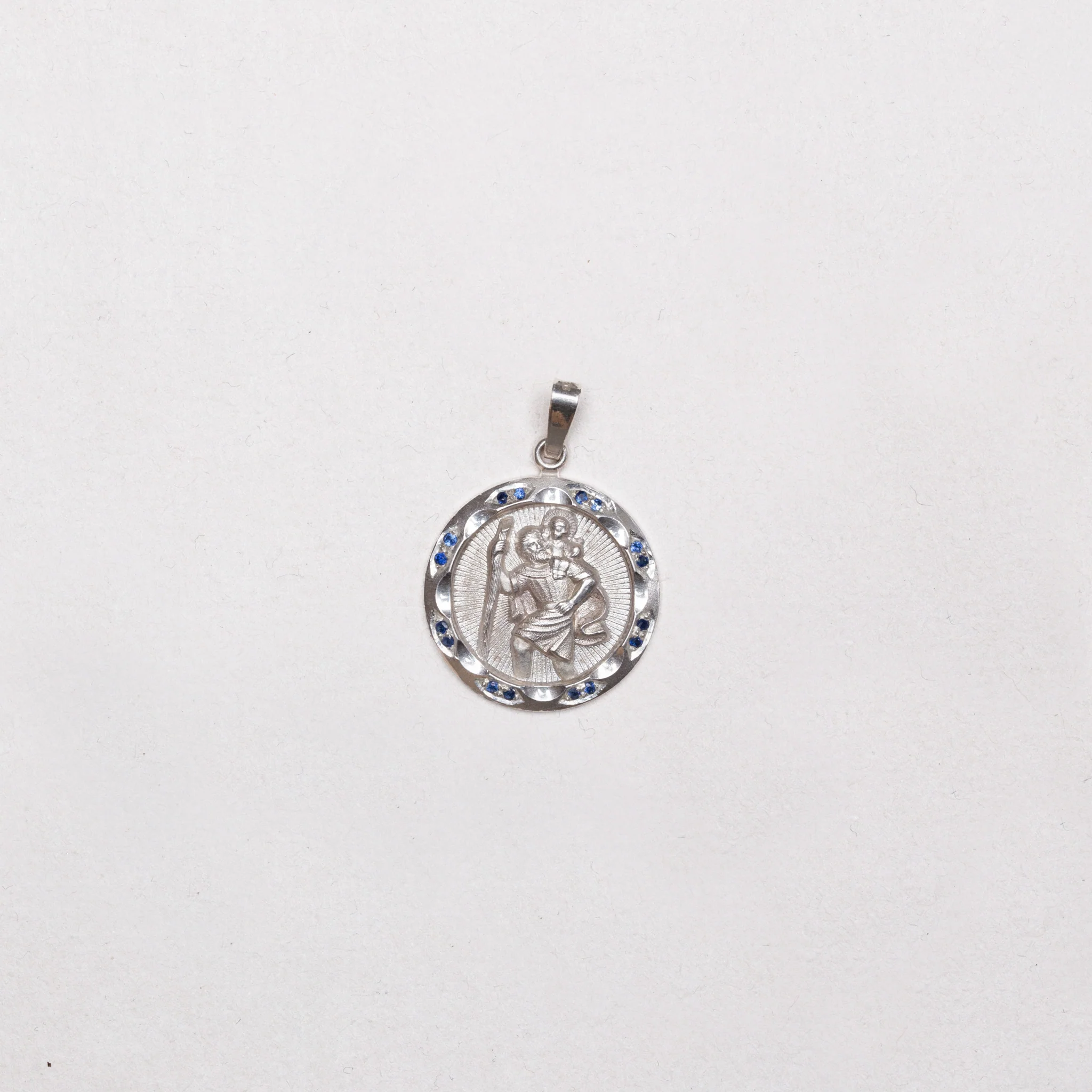 Rare Vintage Sterling Silver St. Christopher Charm Pendant with Sapphires - Image 2