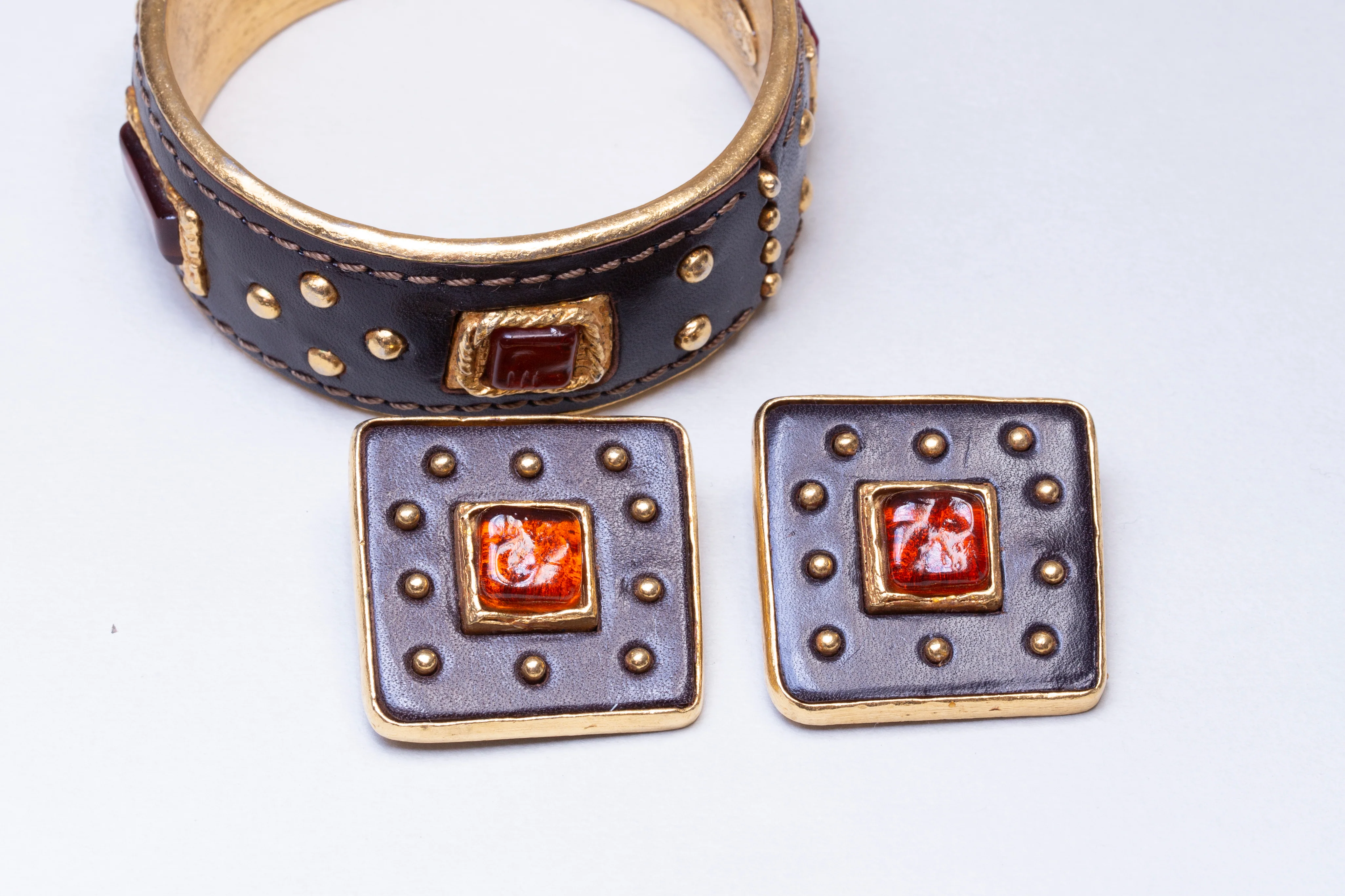 Set of Vintage Leather and Gold Cuff Bracelet and Earrings - Image 2