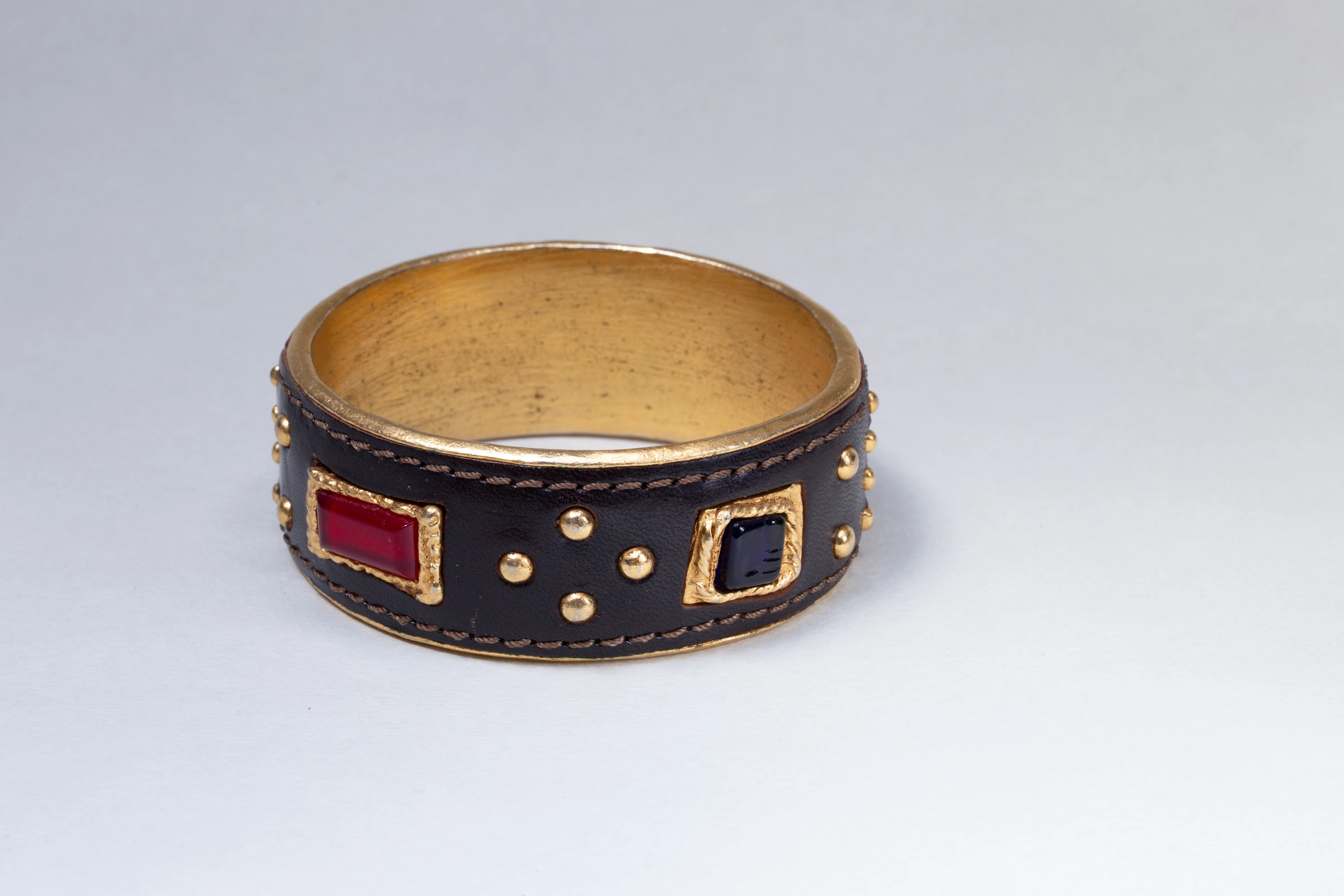 Set of Vintage Leather and Gold Cuff Bracelet and Earrings - Image 3