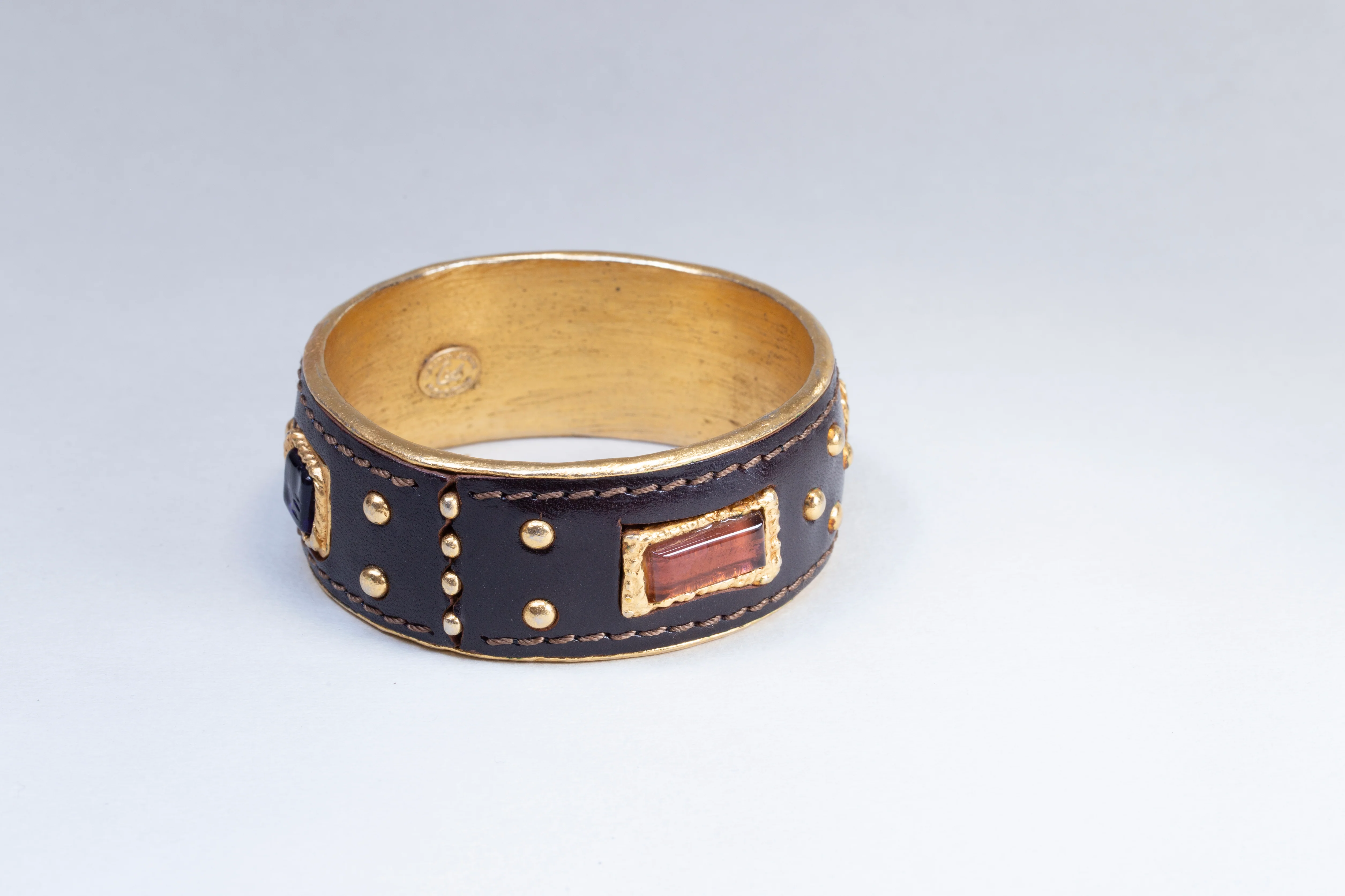 Set of Vintage Leather and Gold Cuff Bracelet and Earrings - Image 4