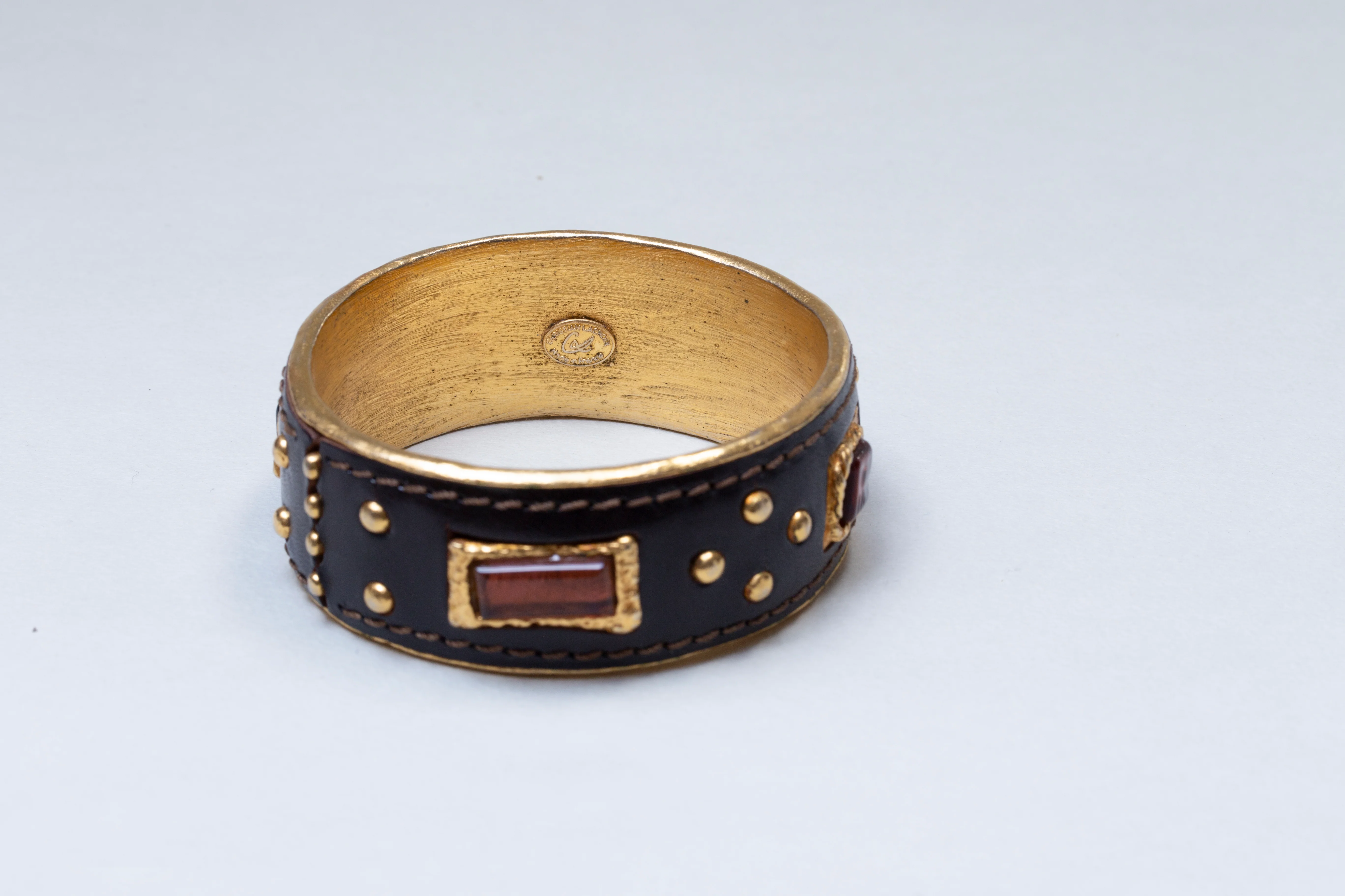 Set of Vintage Leather and Gold Cuff Bracelet and Earrings - Image 5