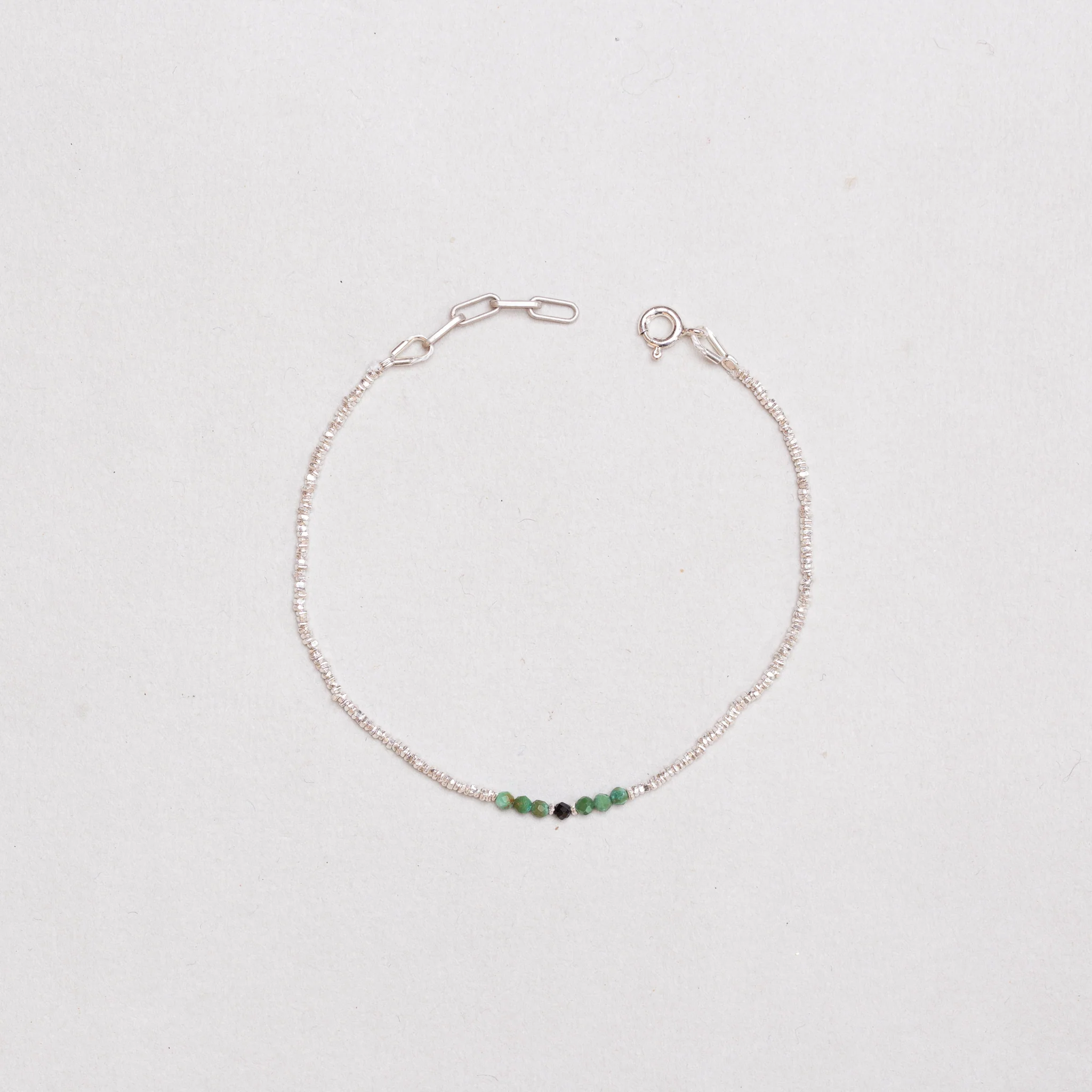 Silver Beads Bracelet with Green and Black Gemstone - Image 2