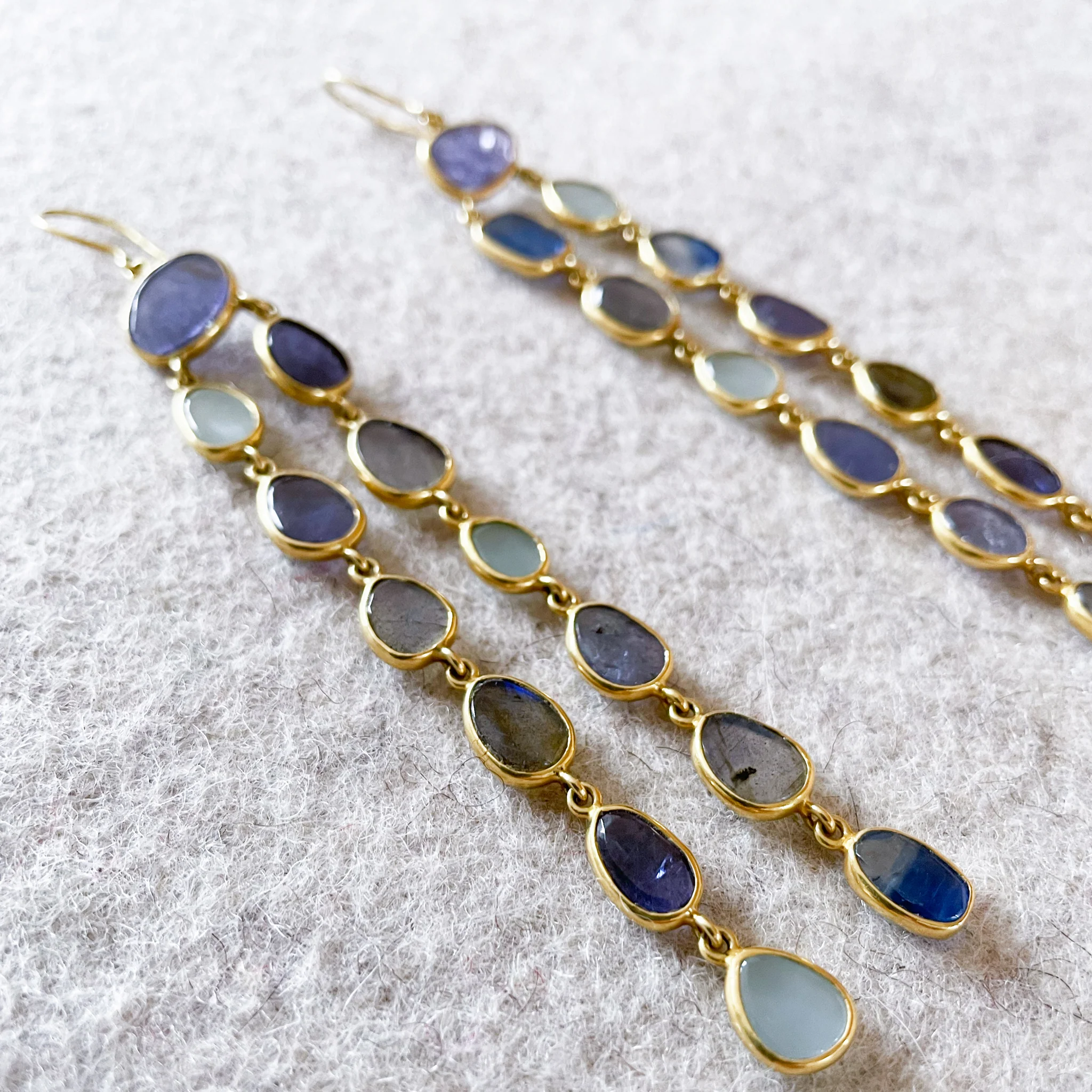Tanzanite, Aquamarine and Labradorite Long Drop Earrings - Image 2