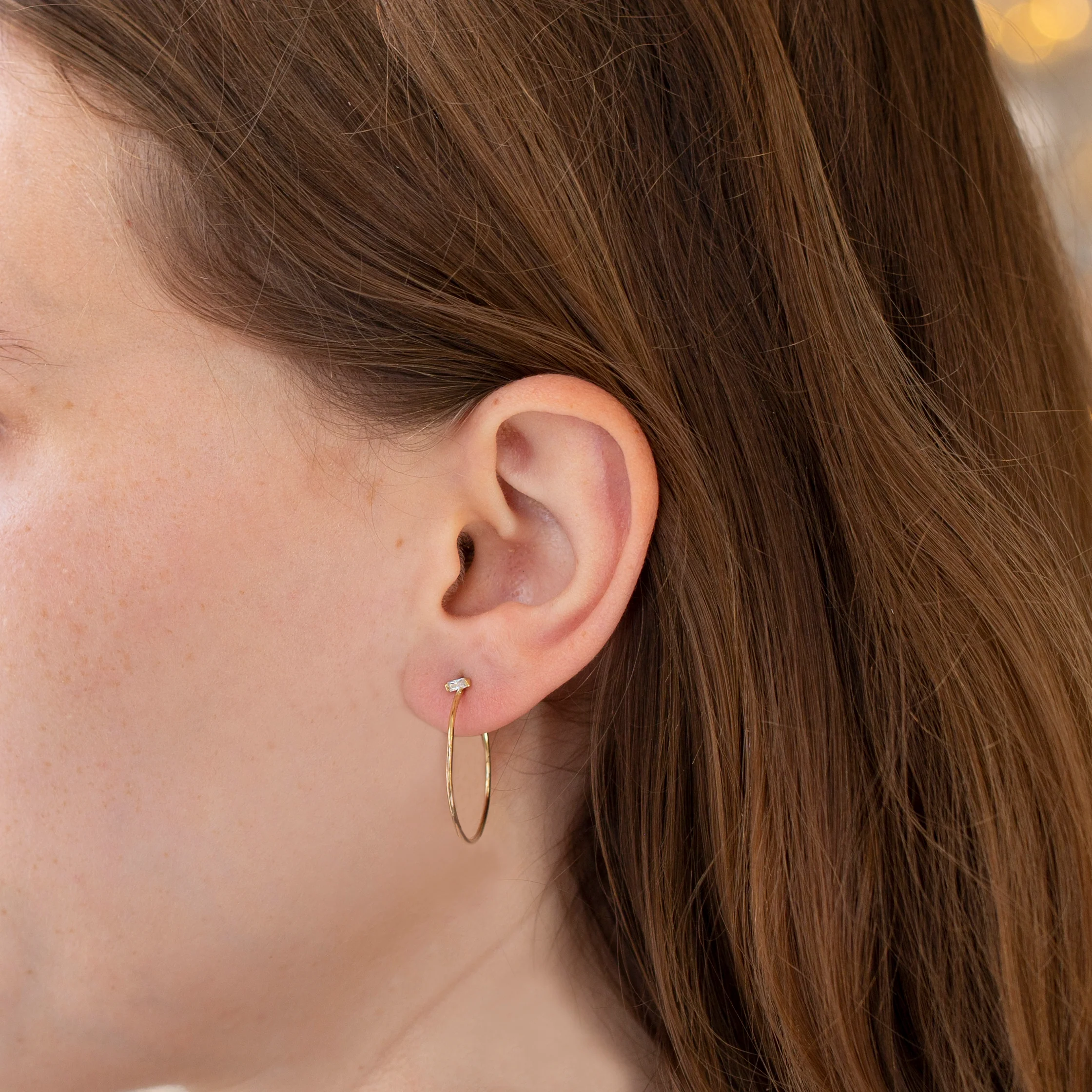 Thin Round Stud Hoop Earrings with Cubic Zirconia - Image 2