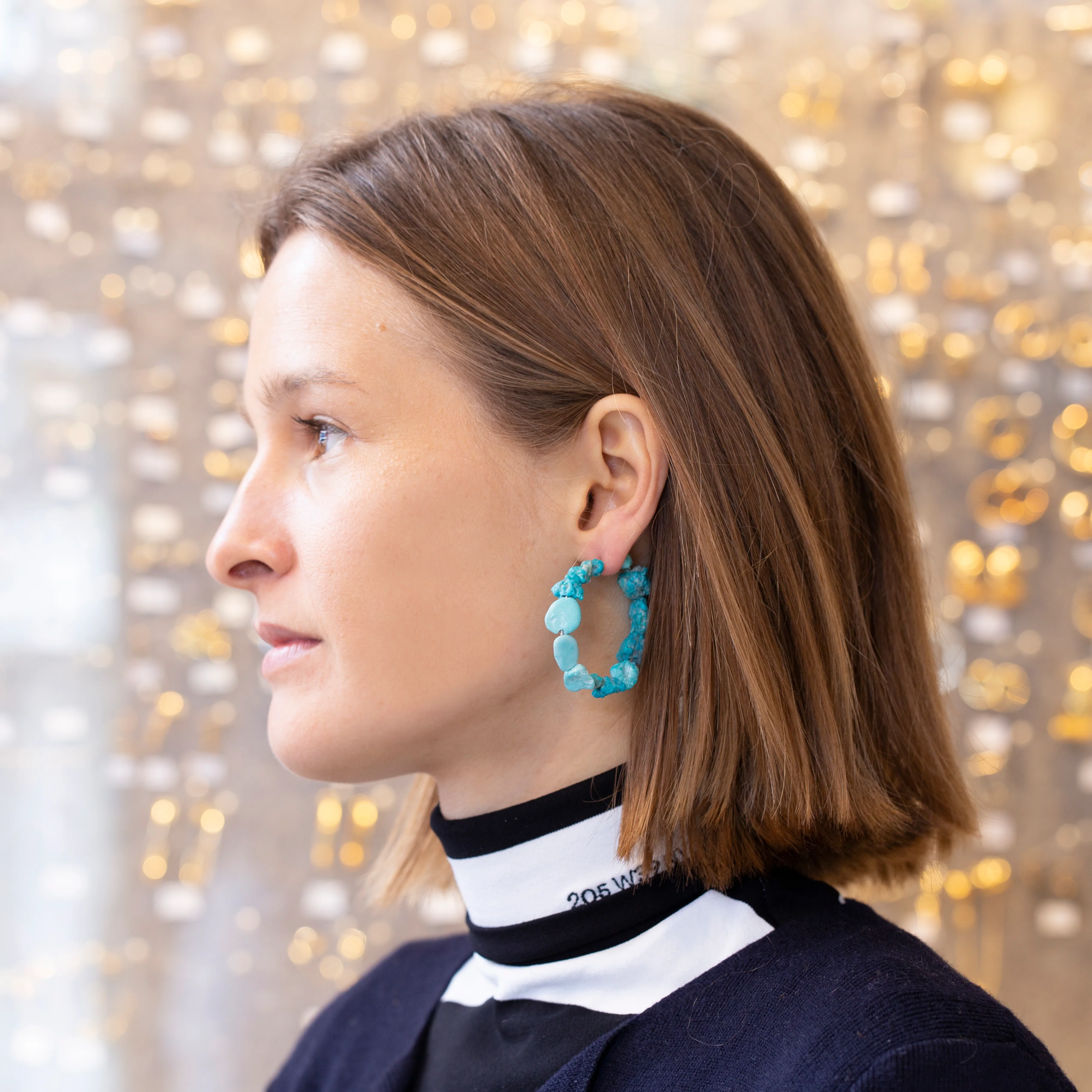 Turquoise and Silver Hoop Earrings - Image 2