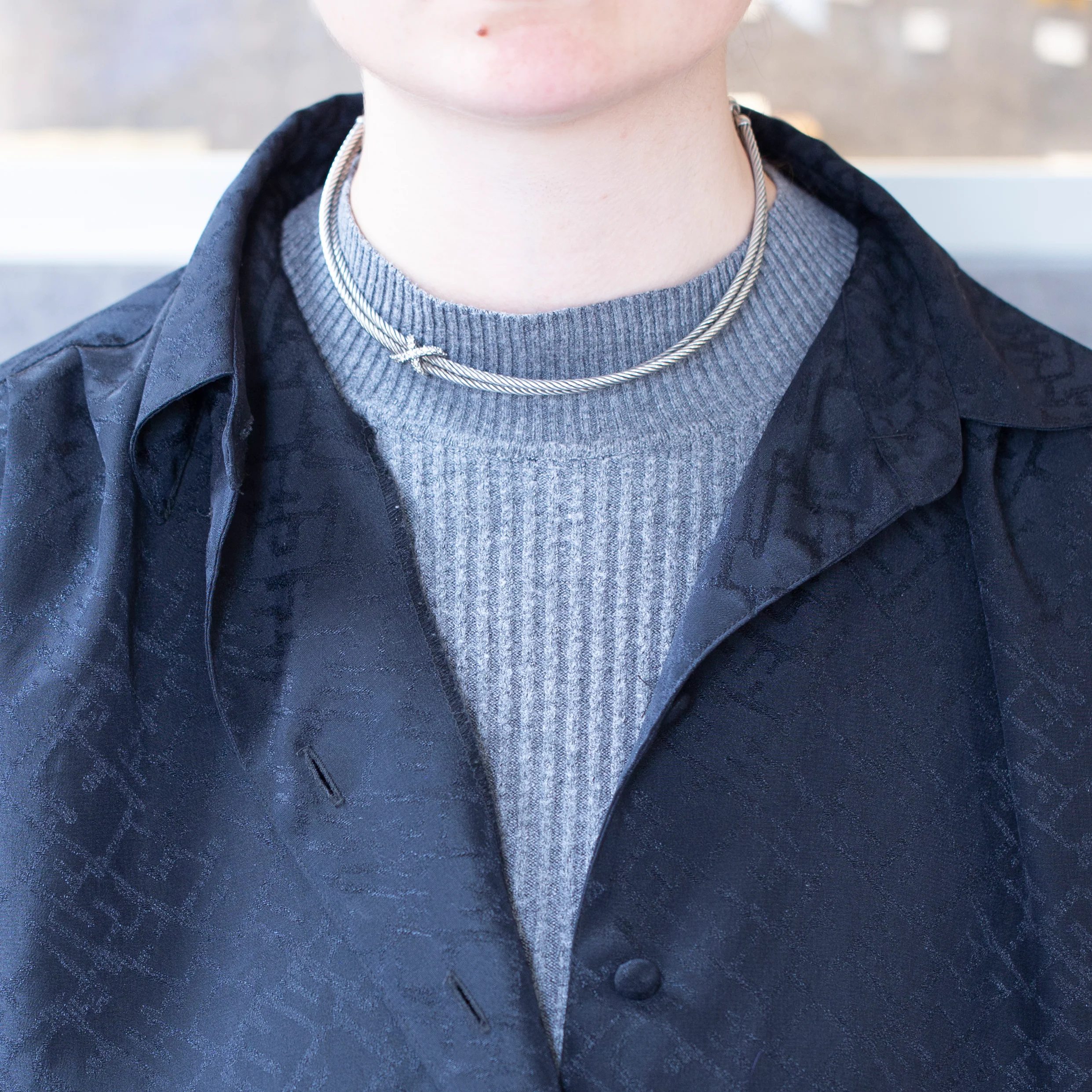 Vintage Cable Silver Choker Necklace with Diamonds - Image 2