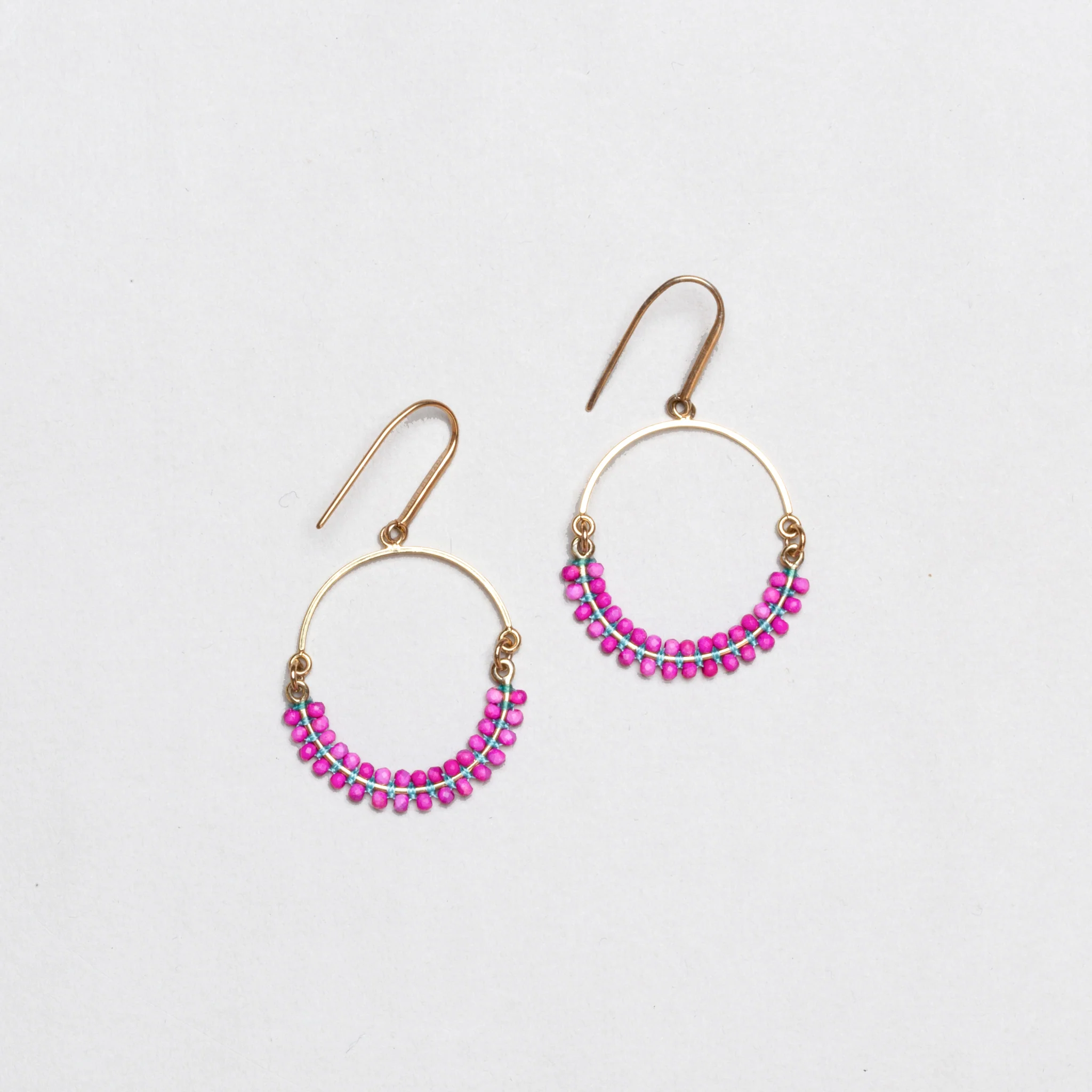 Vintage Cesaria Beaded Drop Hoop Earrings in Fuchsia - Image 2