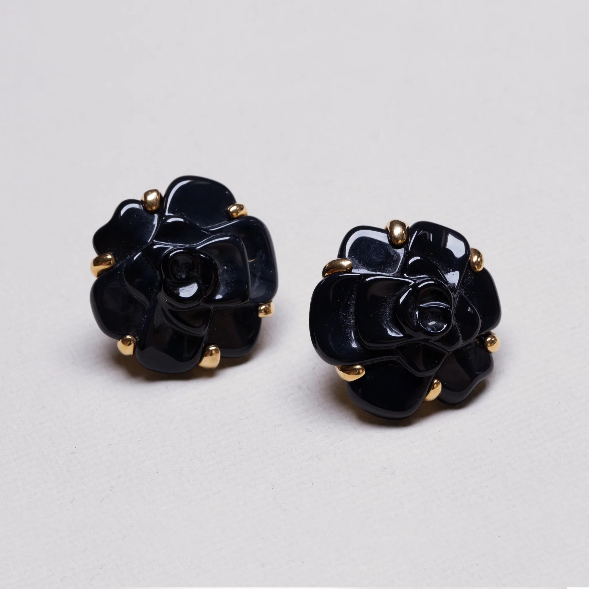 Vintage Chanel 18ct Gold and Black Onyx Camelia Clip-on Earrings