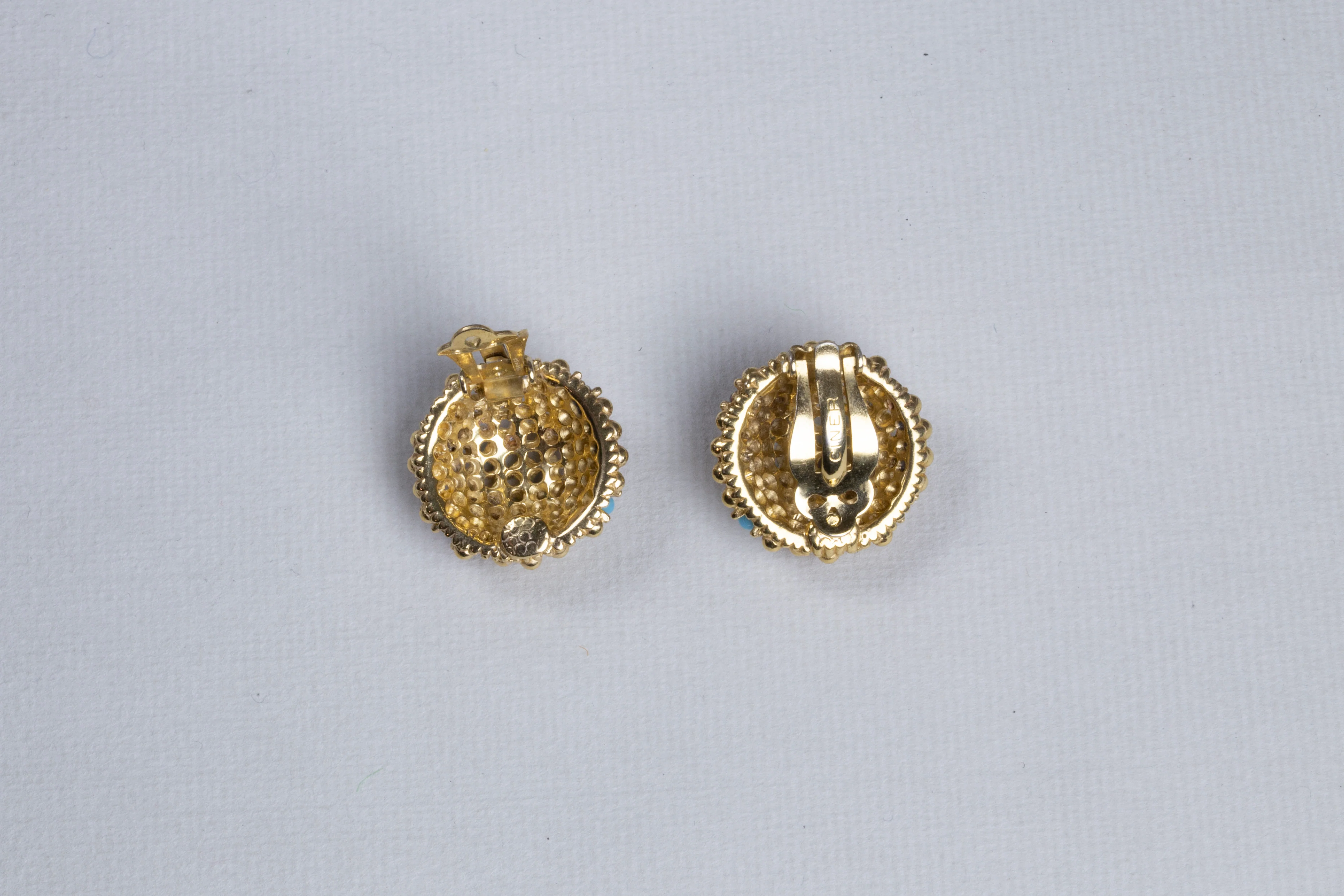 Vintage Gold Clip-on Earrings with Red Rhinestones and Blue Beads - Image 3