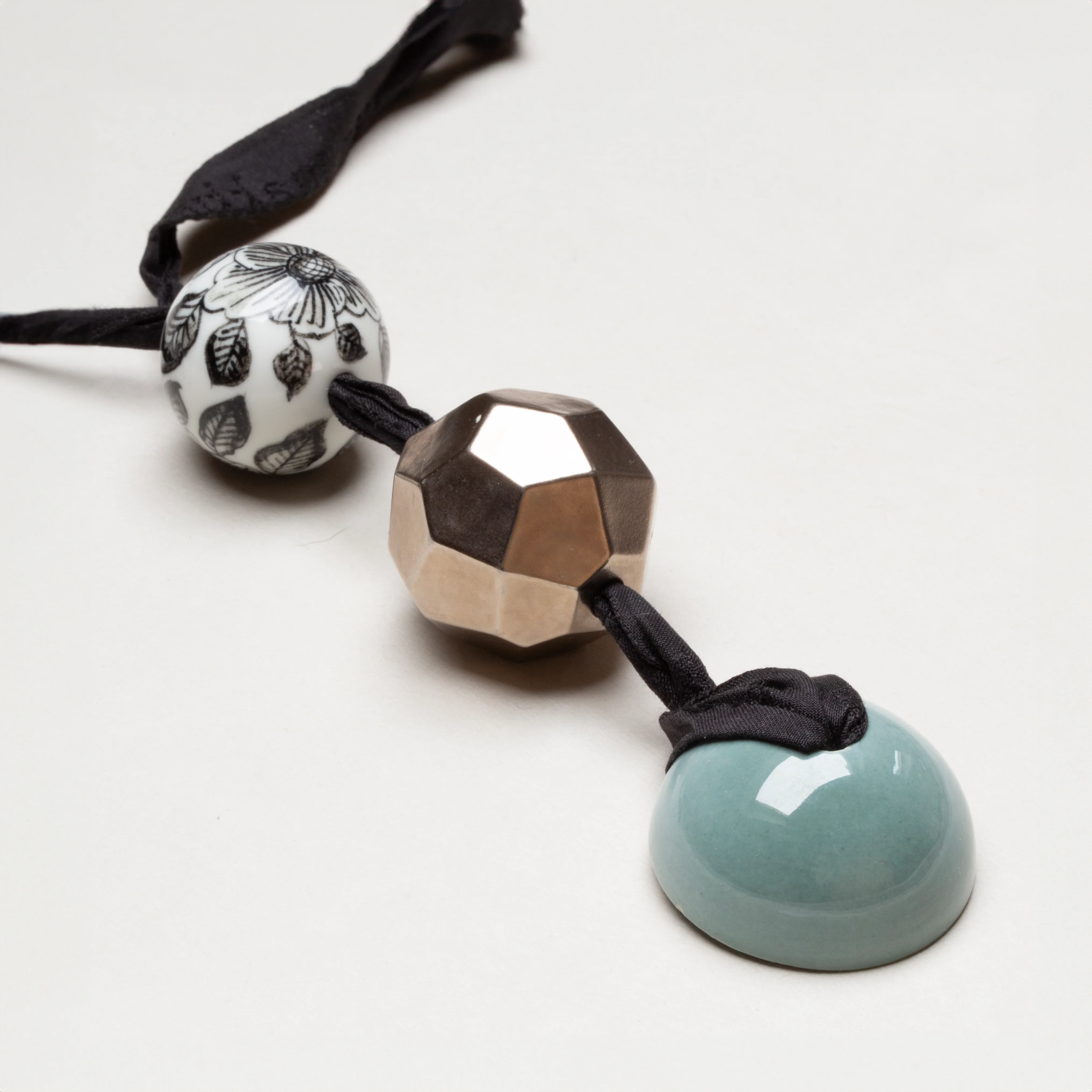 Vintage Fabric Necklace with Ceramic Charms - Image 2