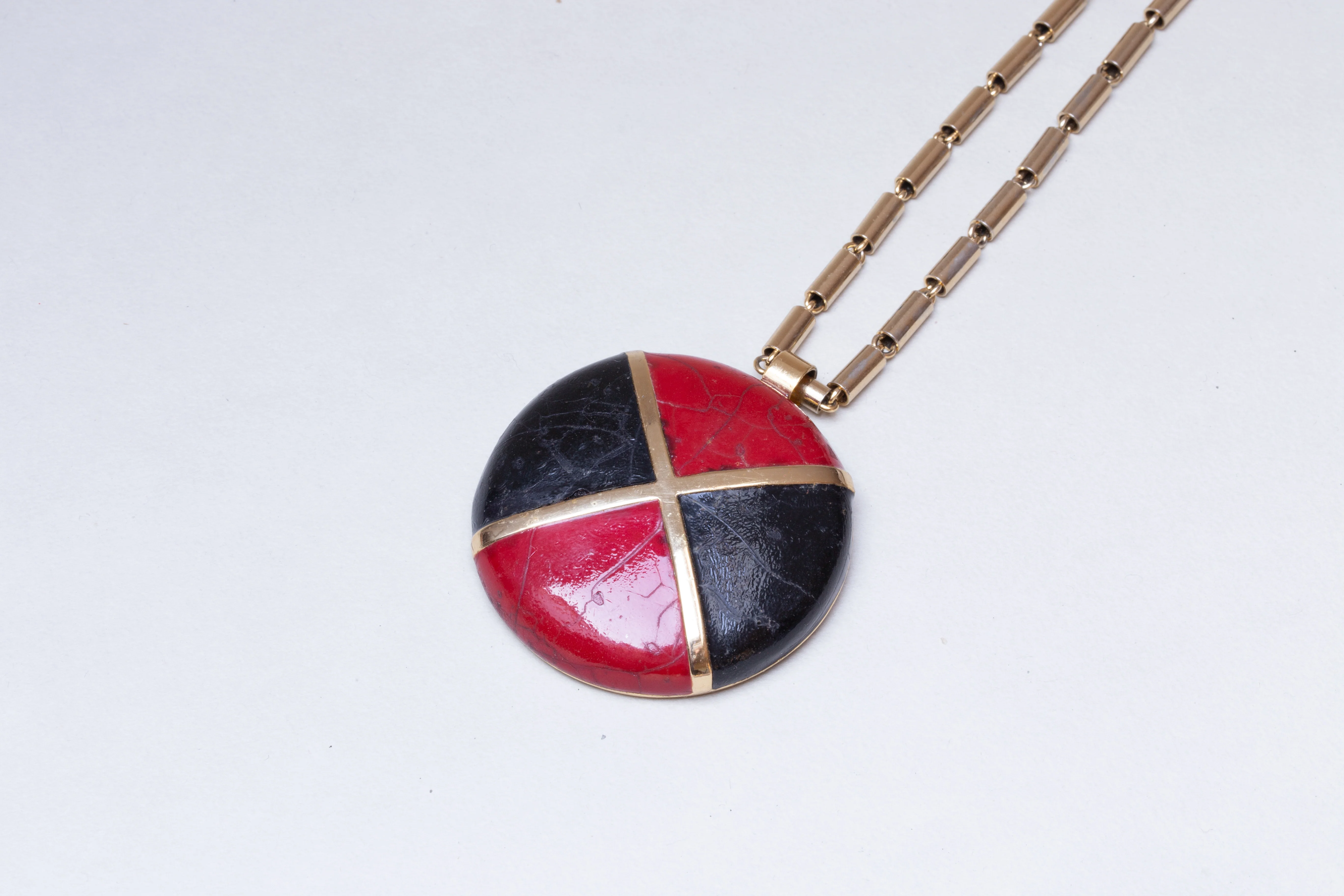 Vintage Black and Red Leather Pendant with Brass Chain - Image 2