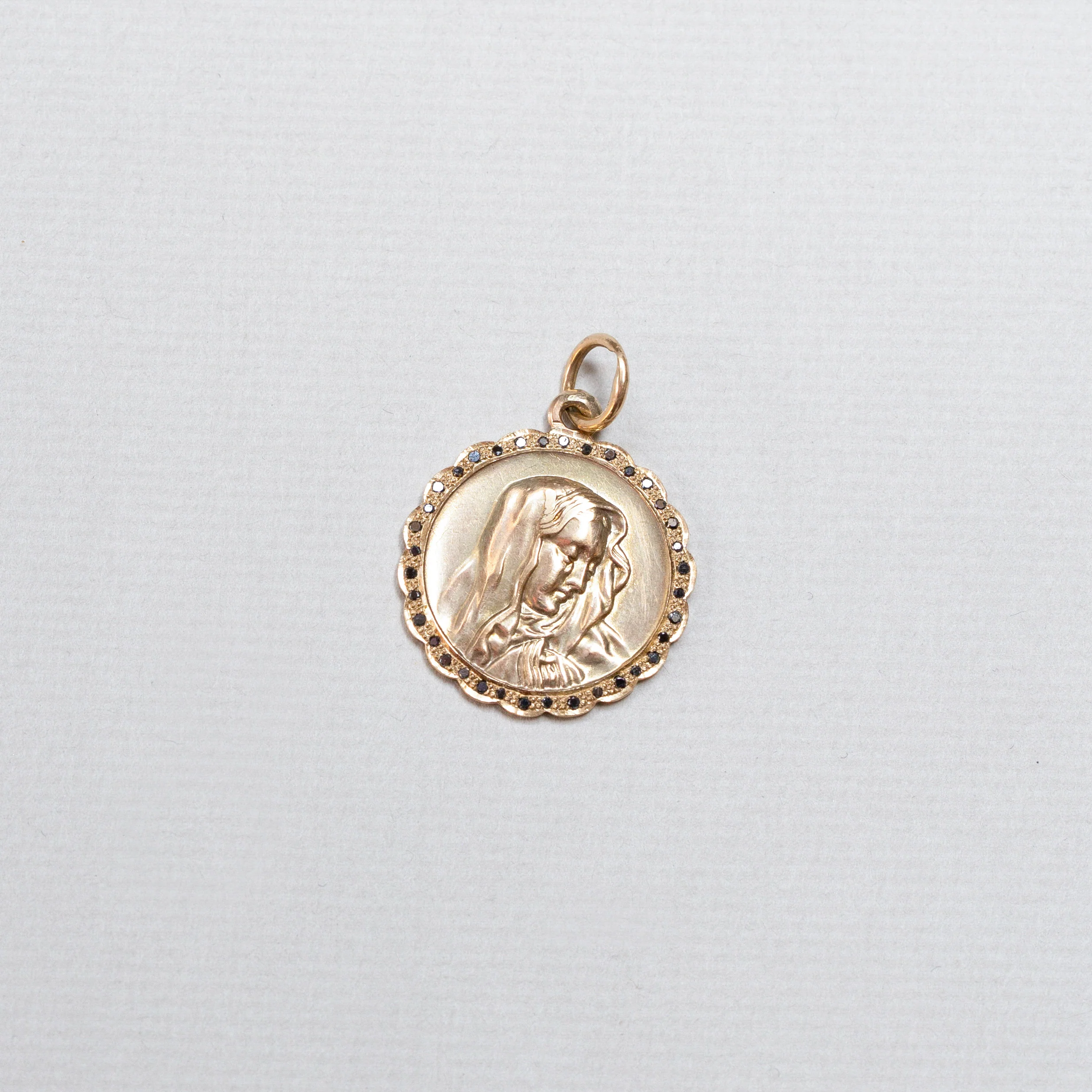 Vintage Gold Madonna Pendant with Black Diamonds