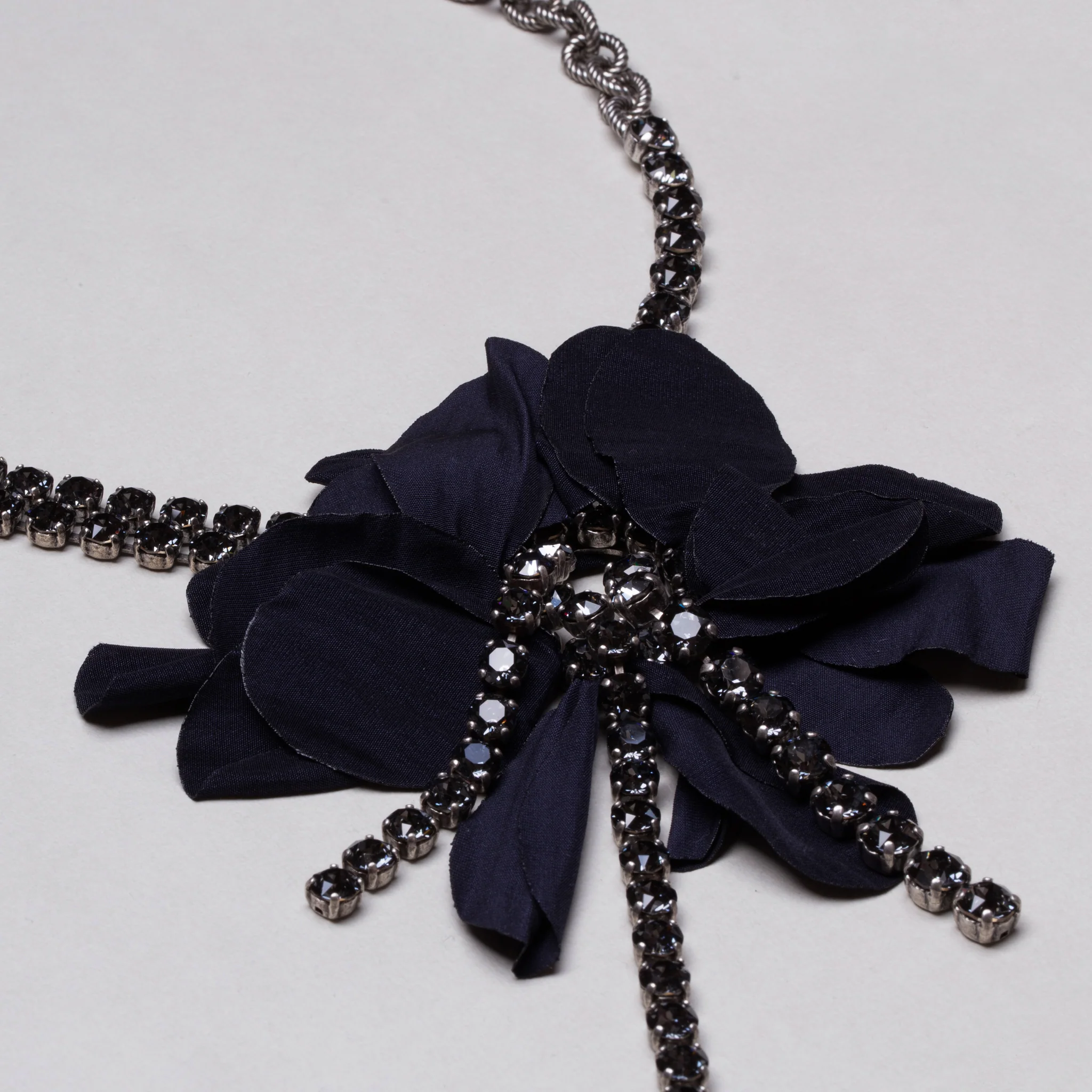 Vintage Lanvin Fabric Flower Chain Necklace with Crystals - Image 2