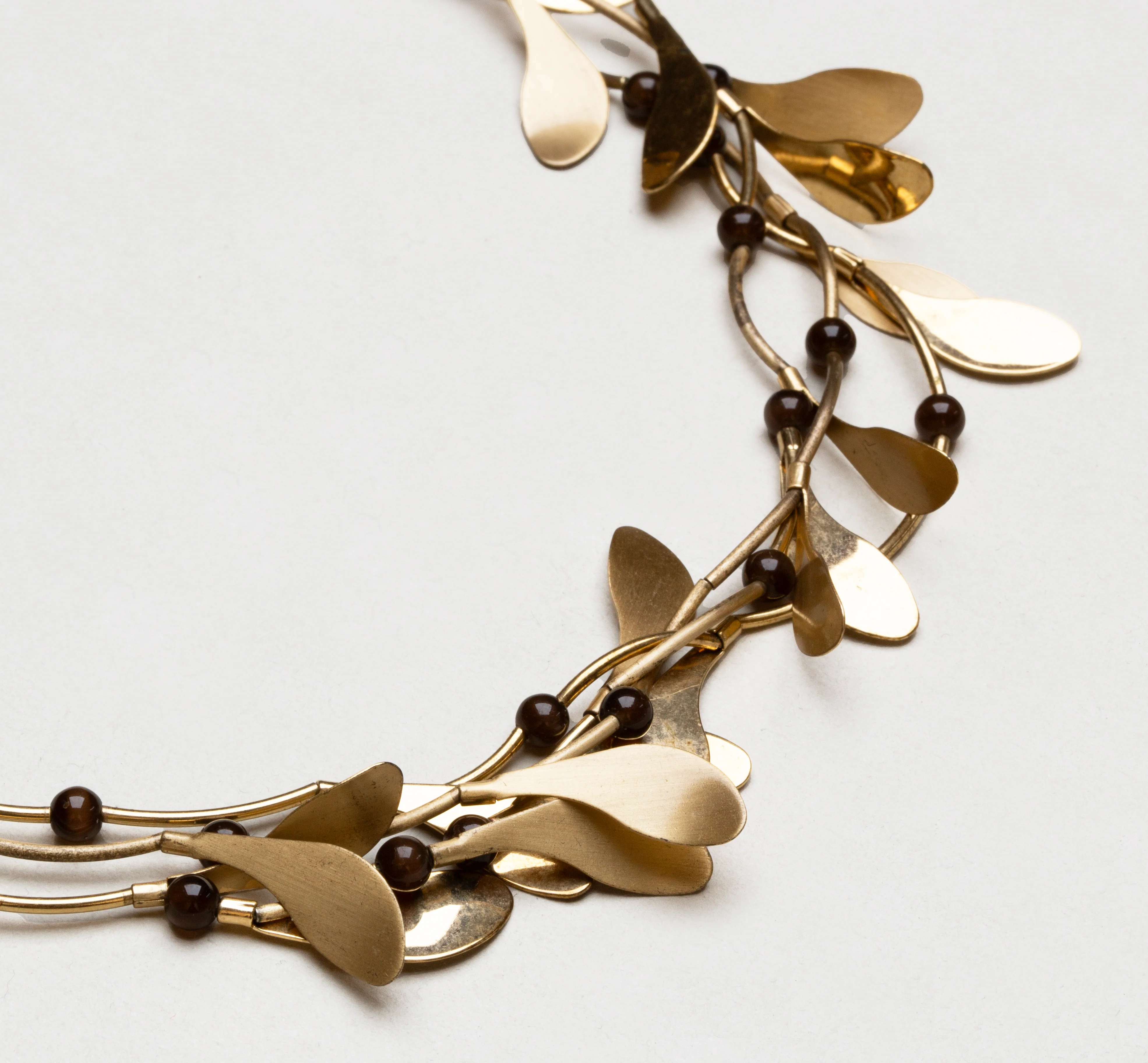 Vintage Monet Layered Brass Leaf Necklace with Brown Beads - Image 2