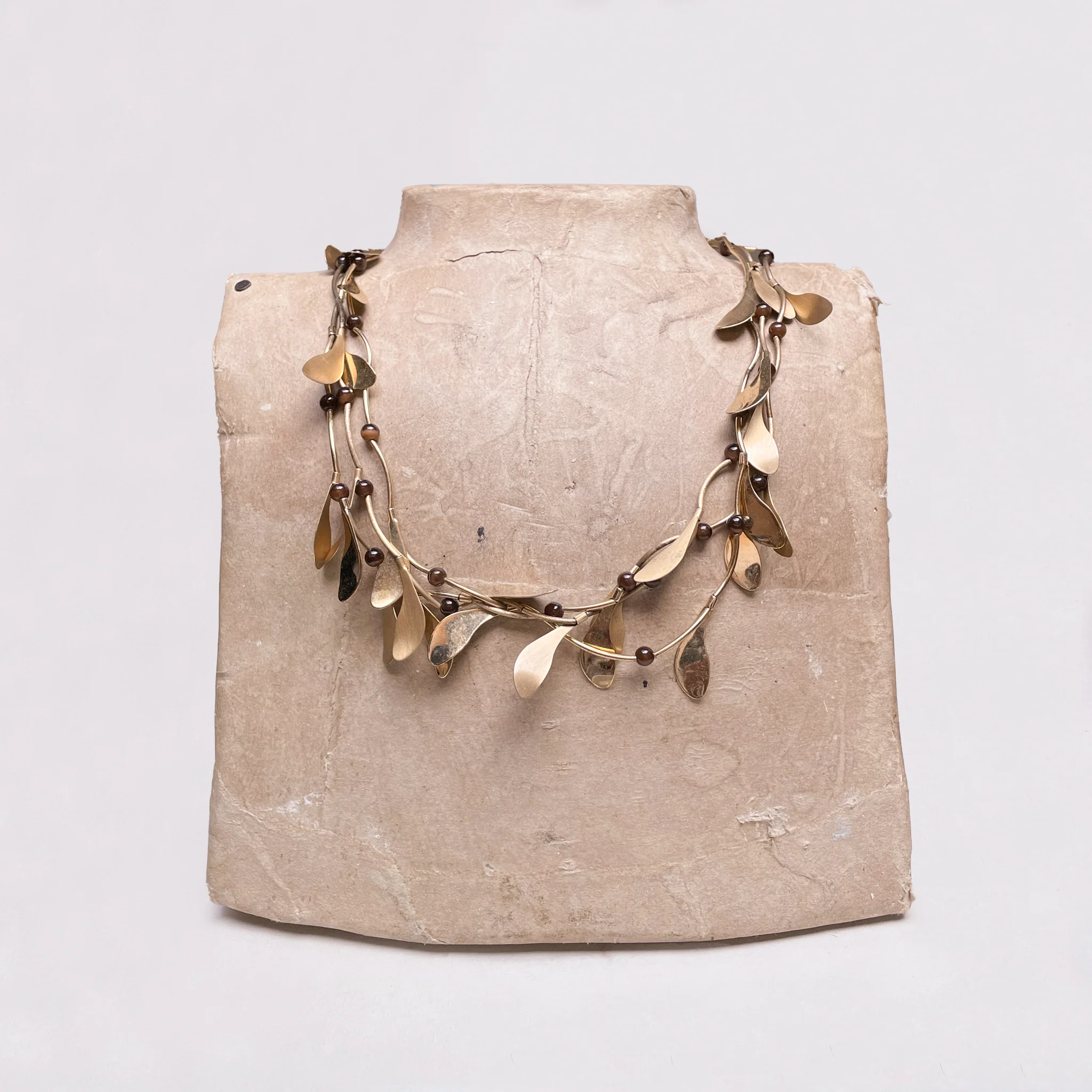 Vintage Monet Layered Brass Leaf Necklace with Brown Beads - Image 3