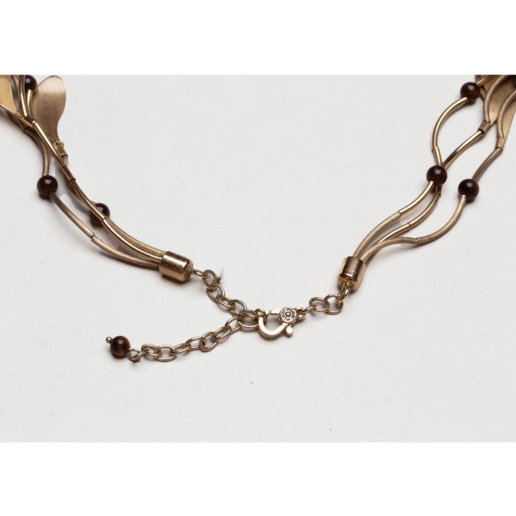 Vintage Monet Layered Brass Leaf Necklace with Brown Beads - Image 4