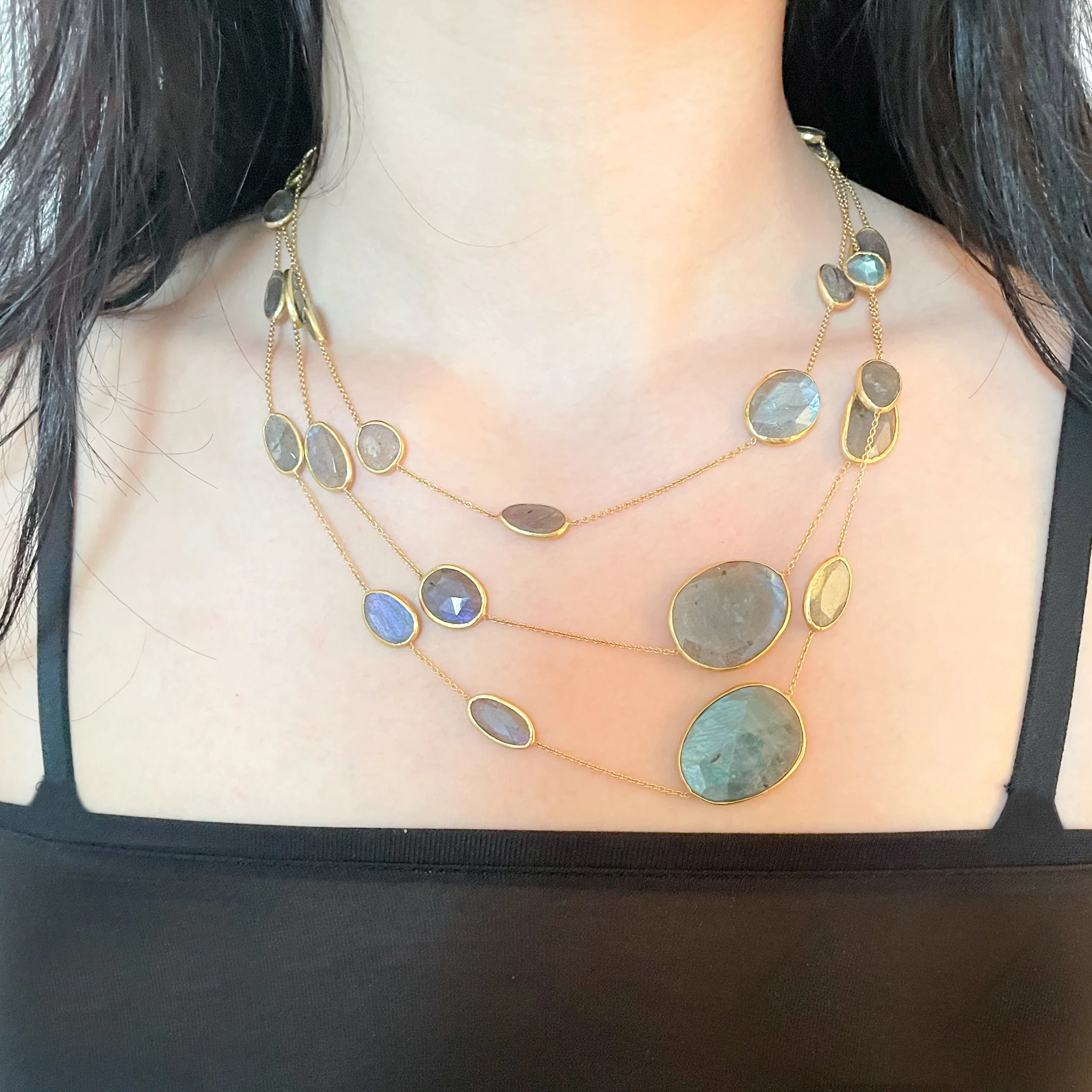 Vintage Pippa Small Triple-Strand Gold Necklace with Labradorite - Image 3