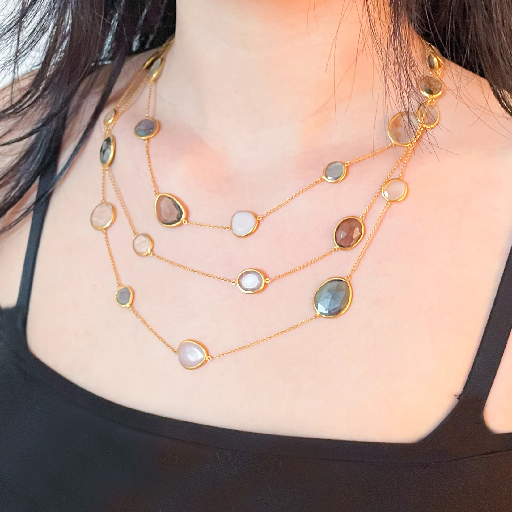 Vintage Pippa Small Triple-Strand Gold Necklace with Gemstones - Image 2