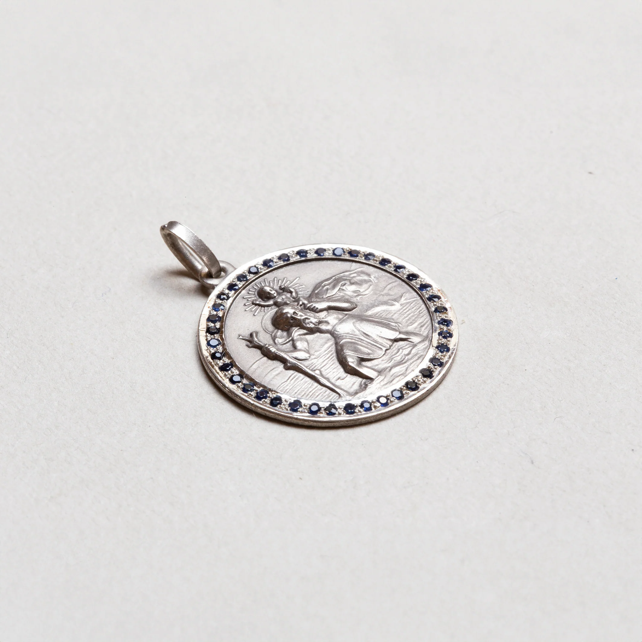 Vintage Sterling Silver St. Christopher Charm Pendant with Sapphires - Image 2