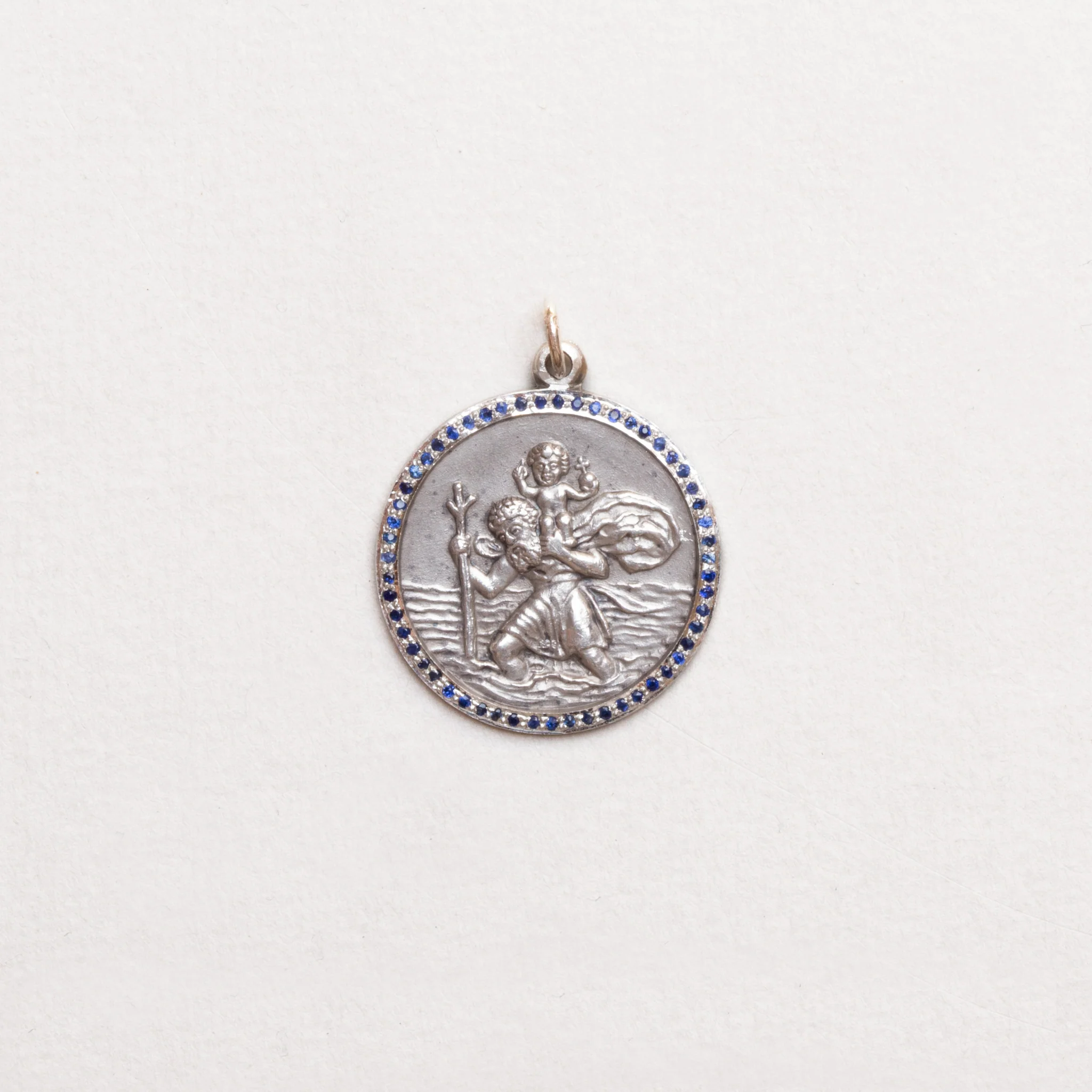 Vintage Sterling Silver St. Christopher Charm Pendant with Sapphires
