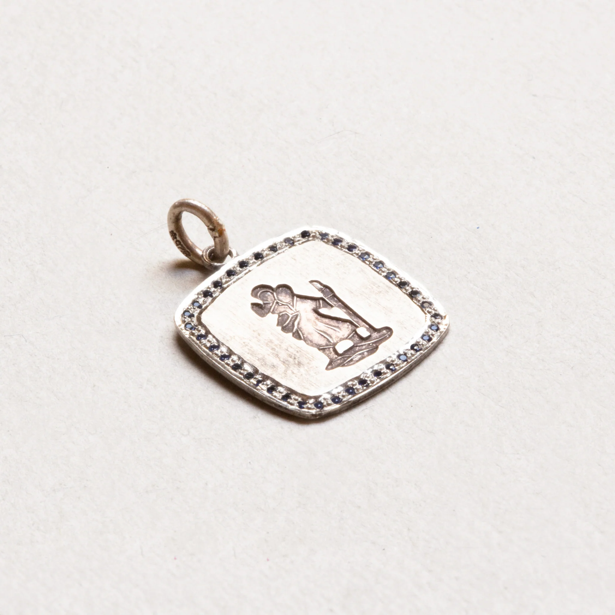 Vintage Sterling Silver St. Christopher Square Charm Pendant with Sapphires - Image 2
