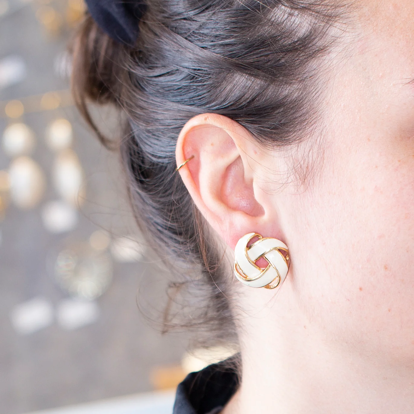 Vintage White Enamel and Gold Clip-on Earrings - Image 2